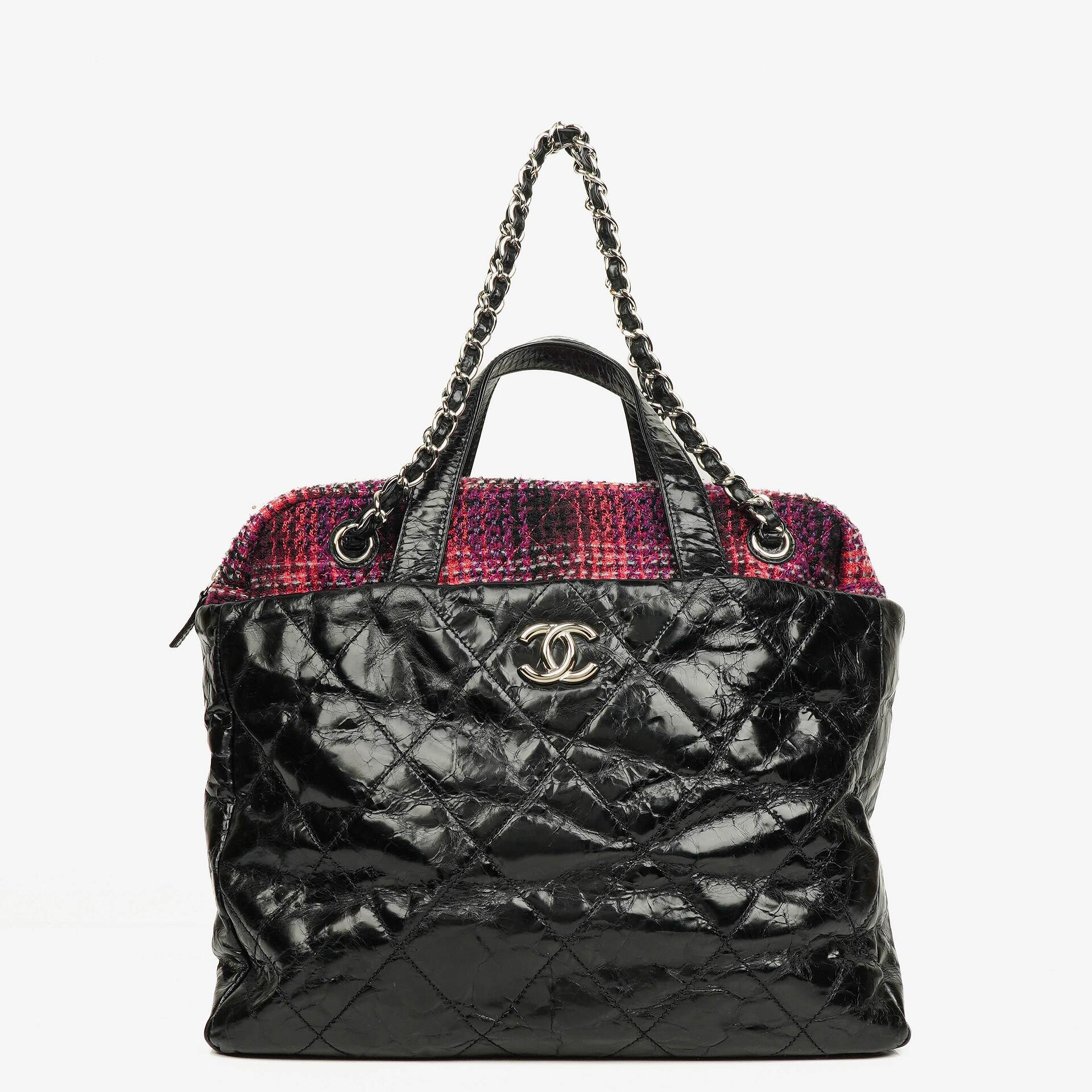 Chanel Black Quilted Glazed Calfskin Leather and Tweed Portobello Tote Bag