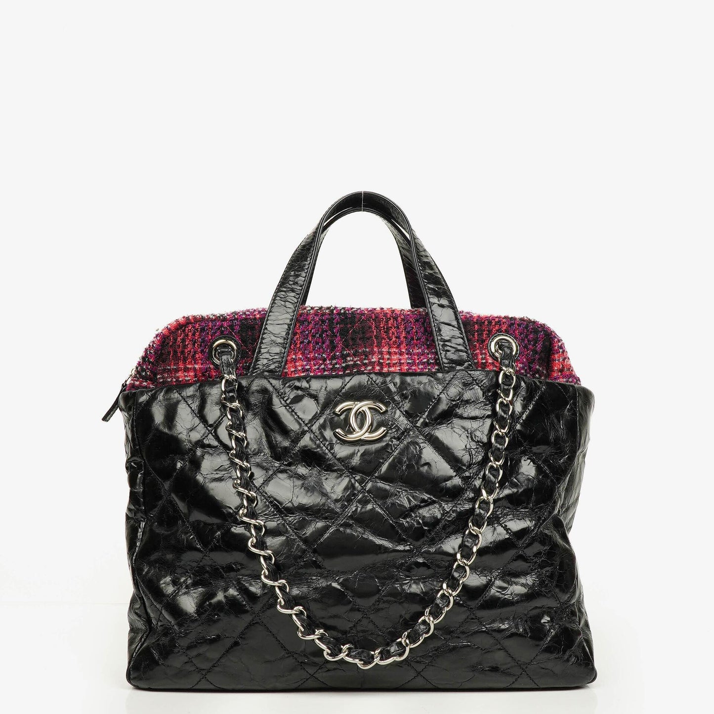 Chanel Black Quilted Glazed Calfskin Leather and Tweed Portobello Tote Bag