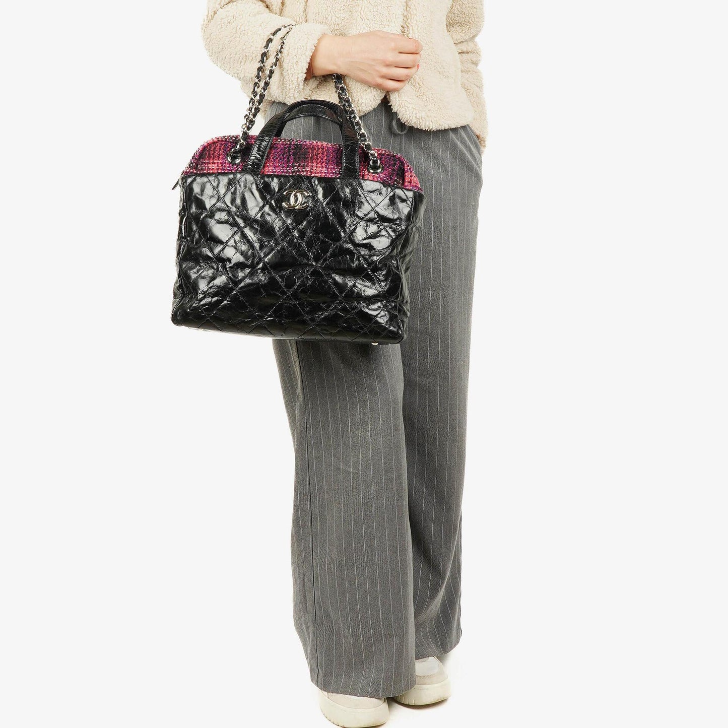 Chanel Black Quilted Glazed Calfskin Leather and Tweed Portobello Tote Bag