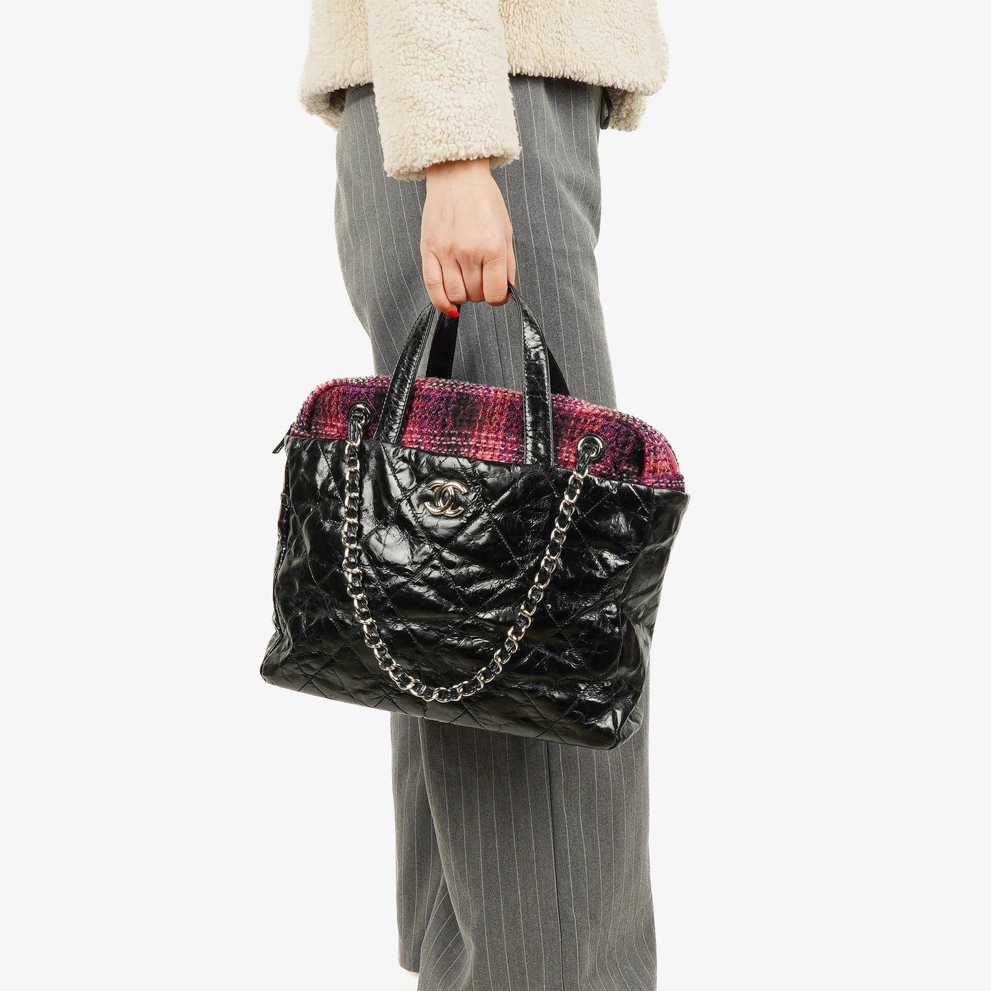Chanel Black Quilted Glazed Calfskin Leather and Tweed Portobello Tote Bag