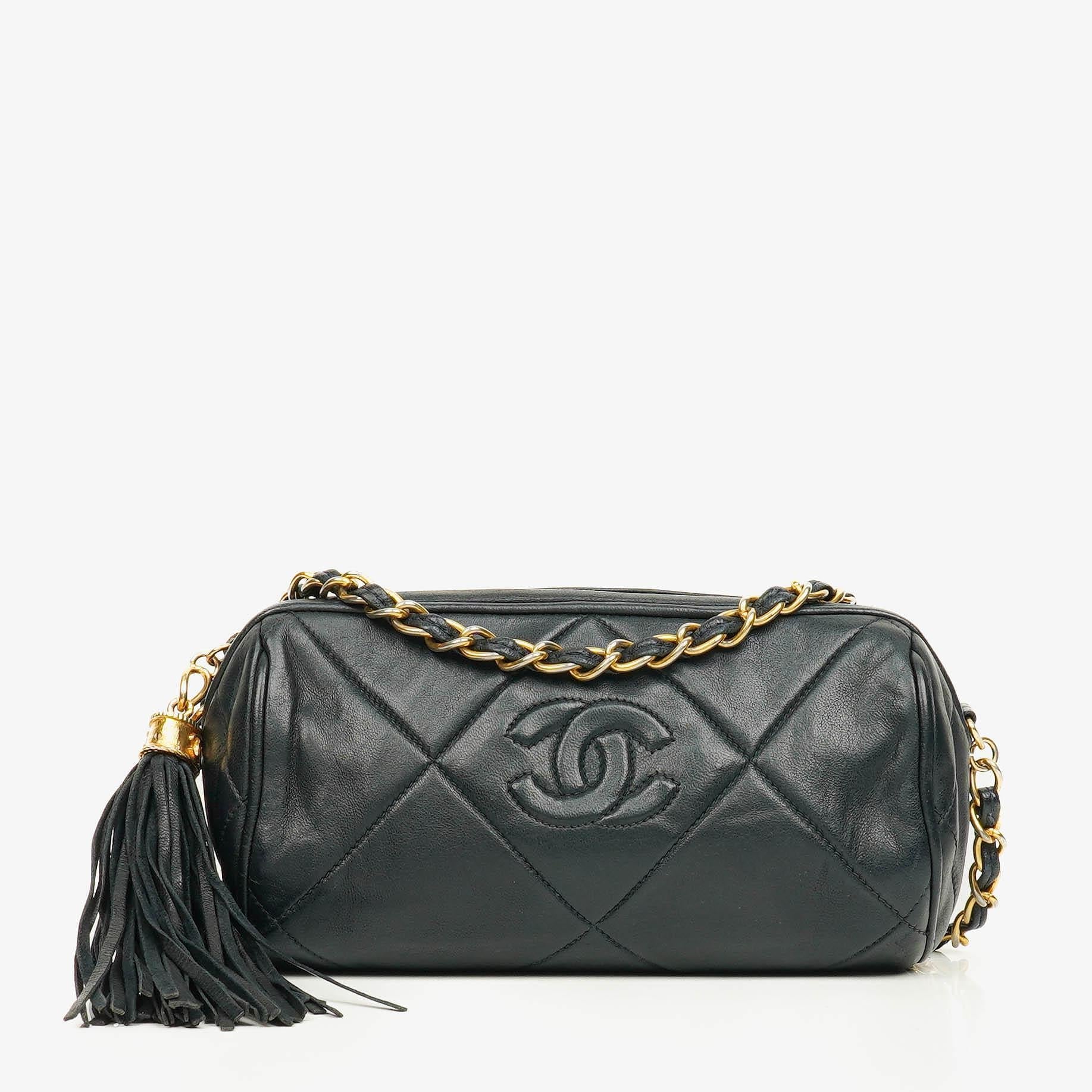 Chanel Black Quilted Lambskin Leather Mini Tassel Barrel Bag