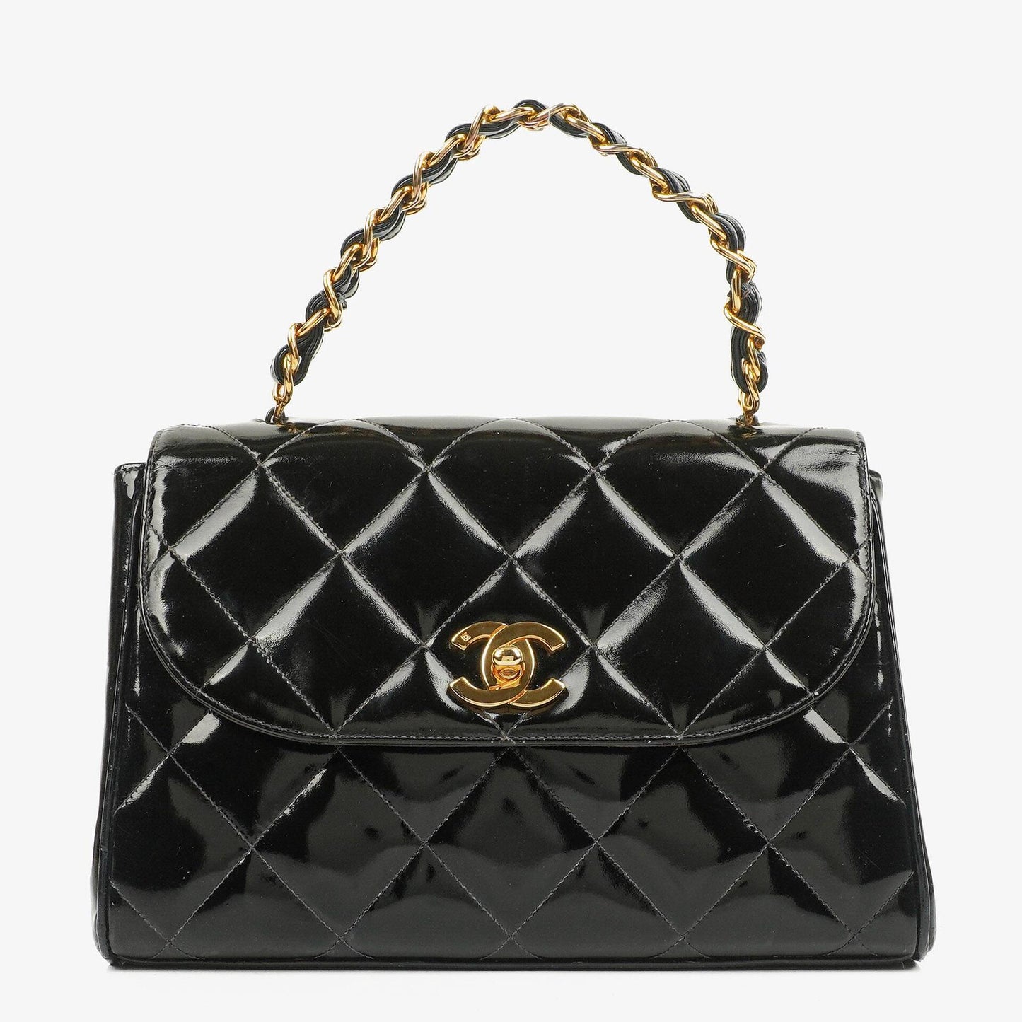 Chanel Black Quilted Patent Leather CC Flap Double Chain Bag