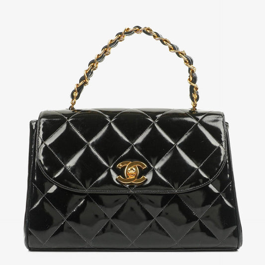 Chanel Black Quilted Patent Leather CC Flap Double Chain Bag