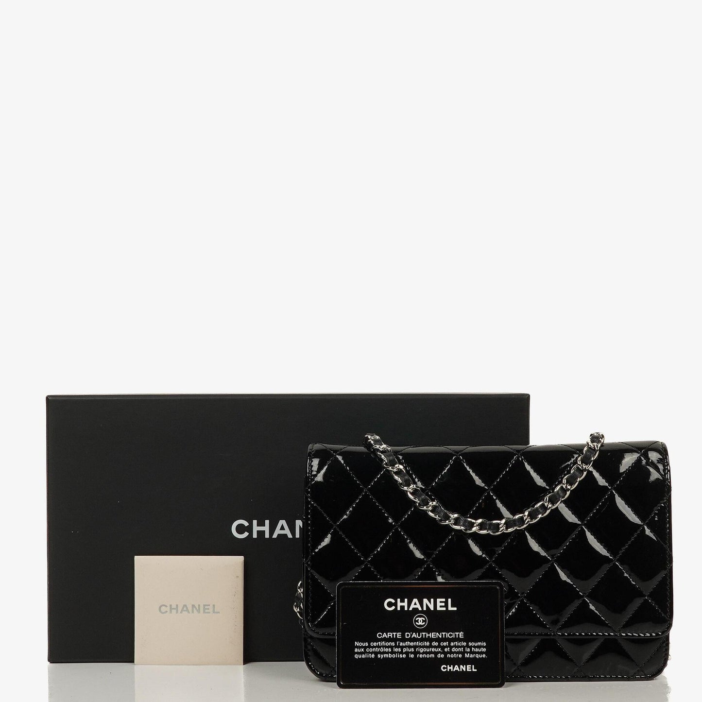 Chanel Black Quilted Patent Leather Wallet On Chain WOC With Silver-Tone Hardware