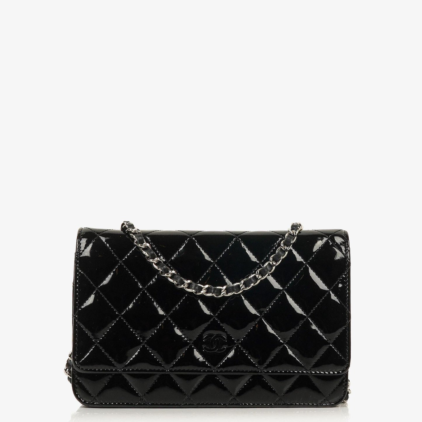 Chanel Black Quilted Patent Leather Wallet On Chain WOC With Silver-Tone Hardware