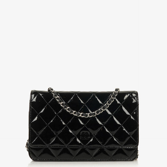 Chanel Black Quilted Patent Leather Wallet On Chain WOC With Silver-Tone Hardware