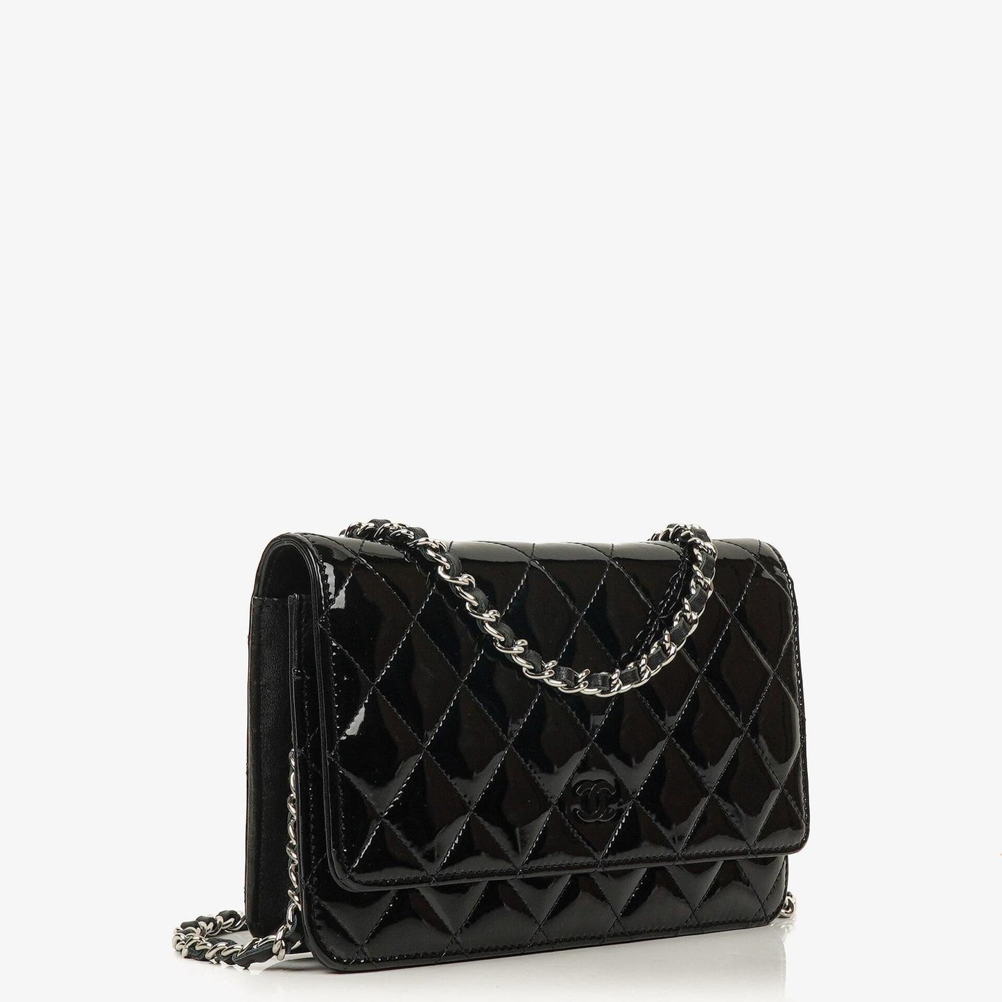 Chanel Black Quilted Patent Leather Wallet On Chain WOC With Silver-Tone Hardware