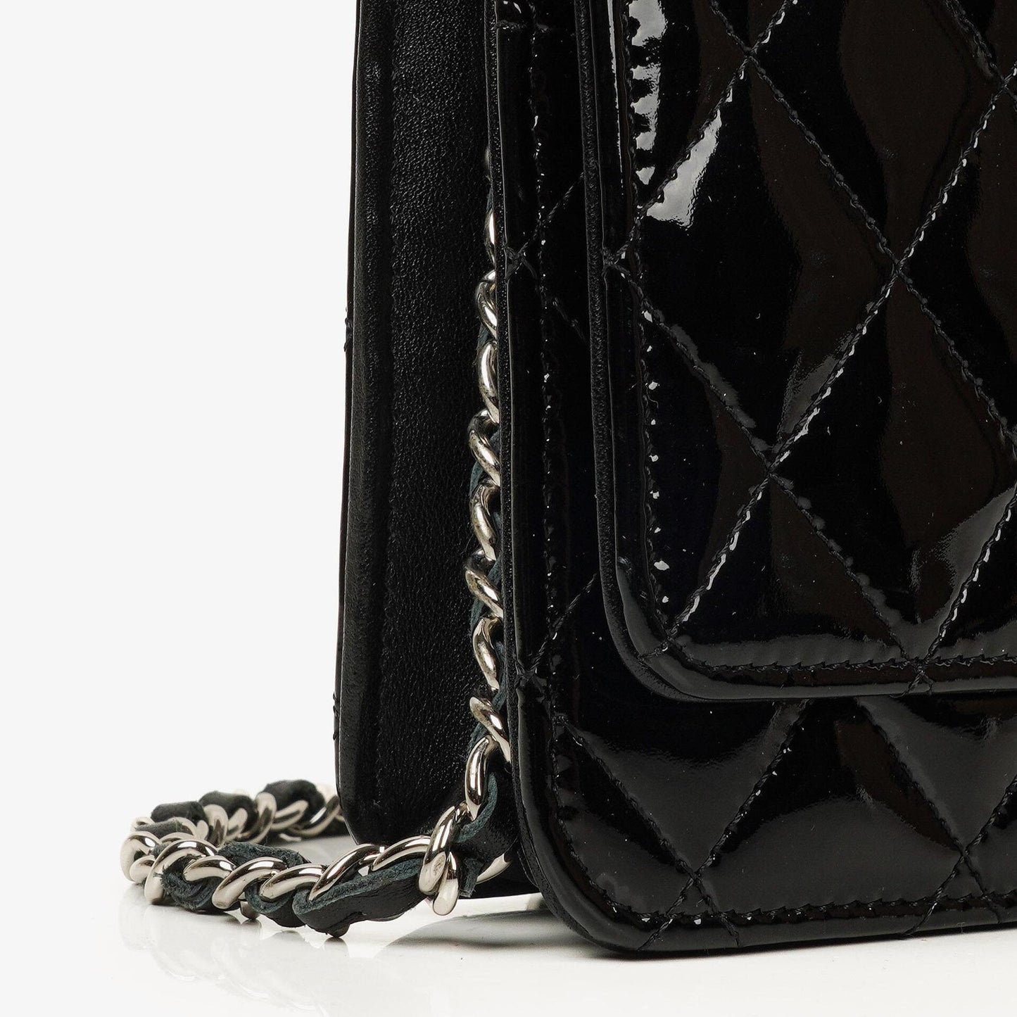 Chanel Black Quilted Patent Leather Wallet On Chain WOC With Silver-Tone Hardware