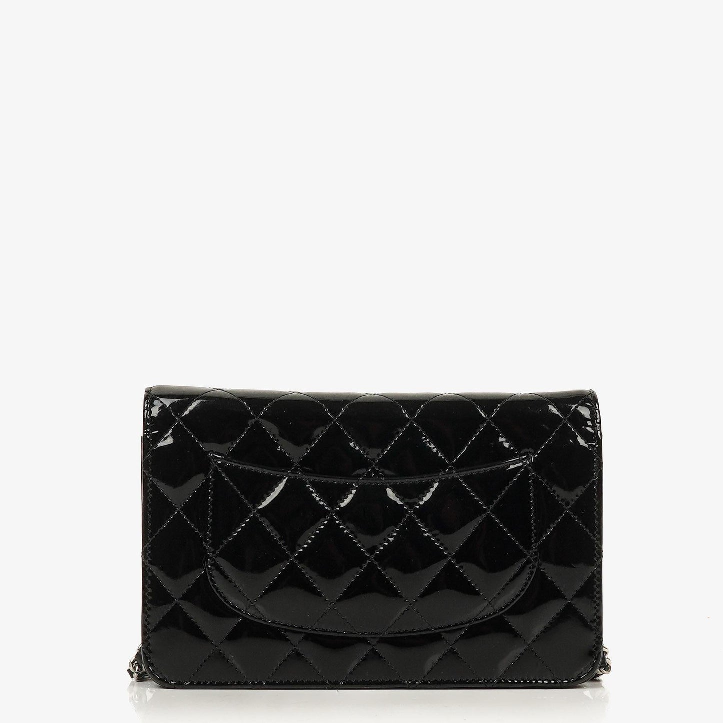 Chanel Black Quilted Patent Leather Wallet On Chain WOC With Silver-Tone Hardware