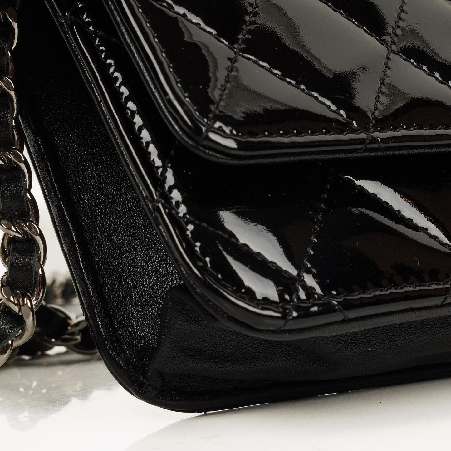 Chanel Black Quilted Patent Leather Wallet On Chain WOC With Silver-Tone Hardware