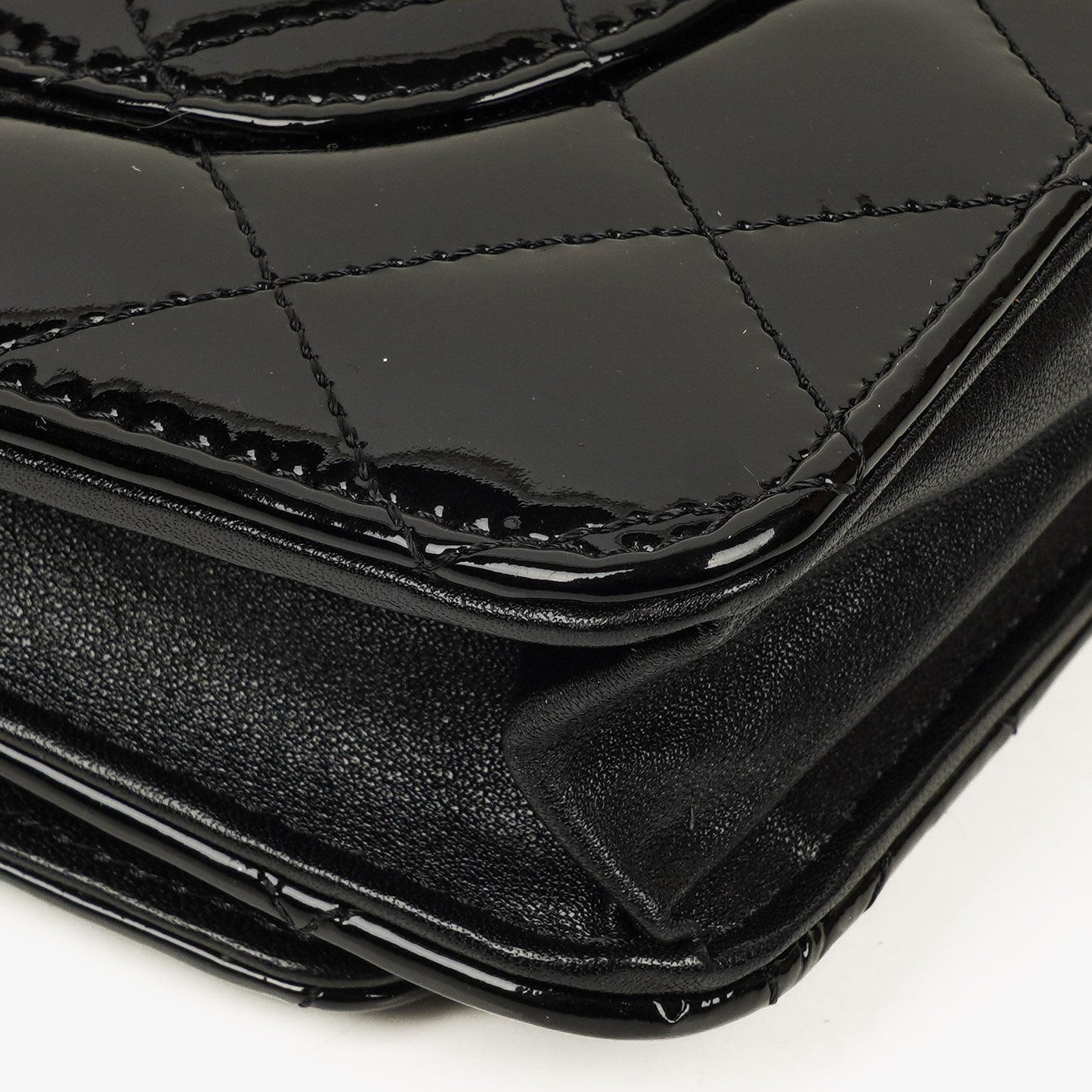 Chanel Black Quilted Patent Leather Wallet On Chain WOC With Silver-Tone Hardware