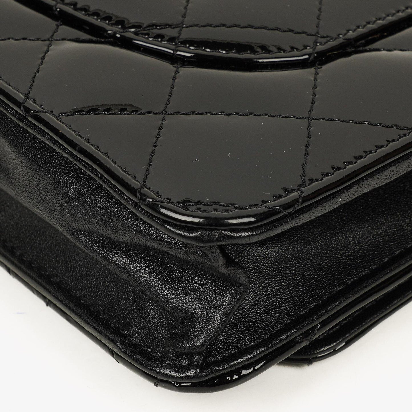 Chanel Black Quilted Patent Leather Wallet On Chain WOC With Silver-Tone Hardware