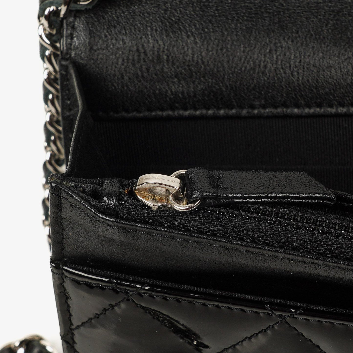 Chanel Black Quilted Patent Leather Wallet On Chain WOC With Silver-Tone Hardware