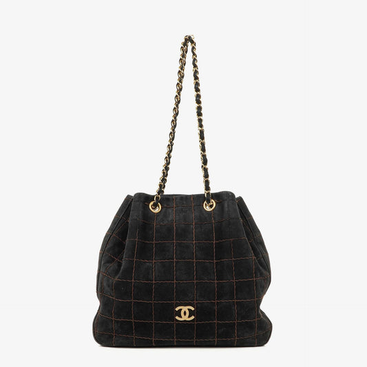 Chanel Black Suede Stitched Chocolate Bar Drawstring Tote Bag