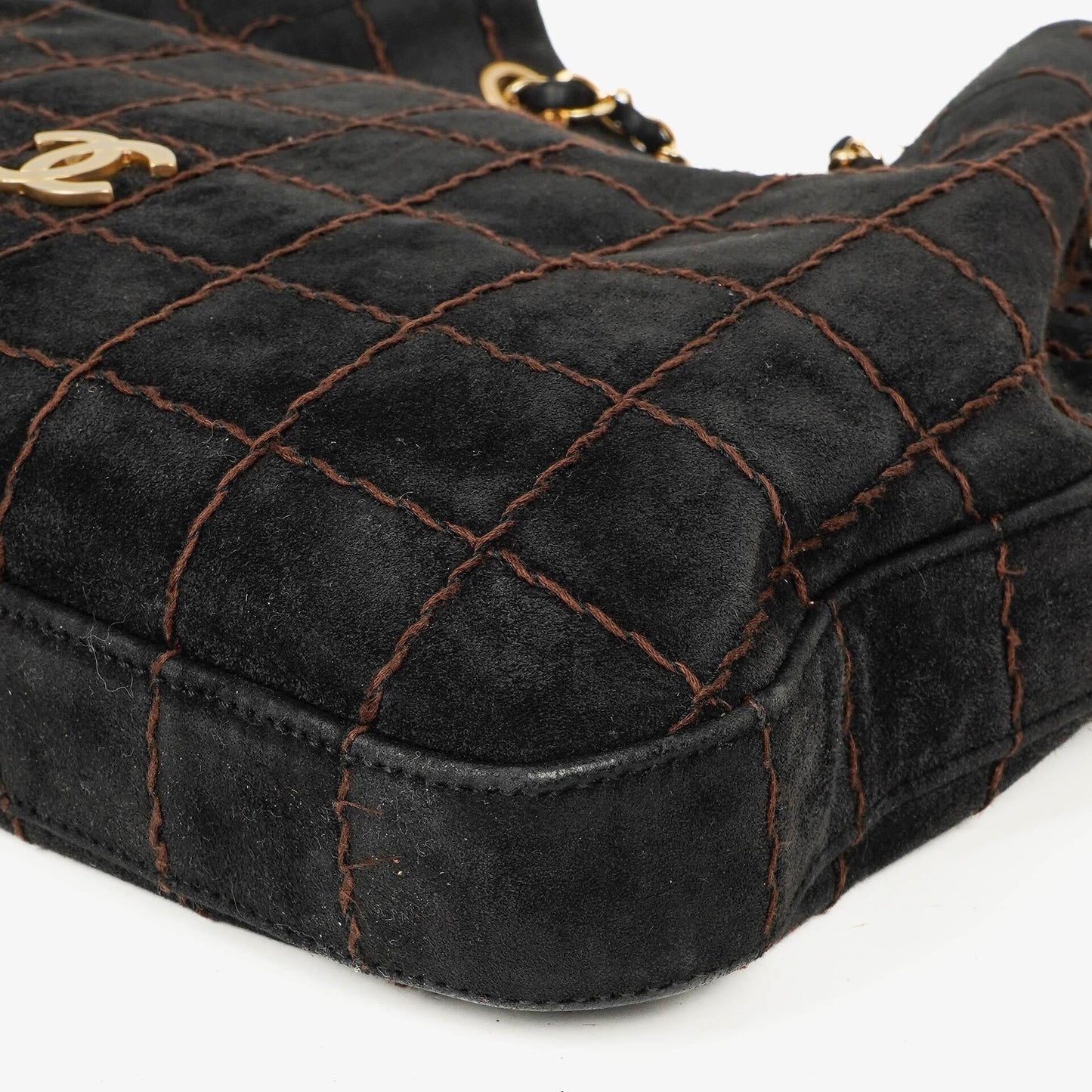 Chanel Black Suede Stitched Chocolate Bar Drawstring Tote Bag