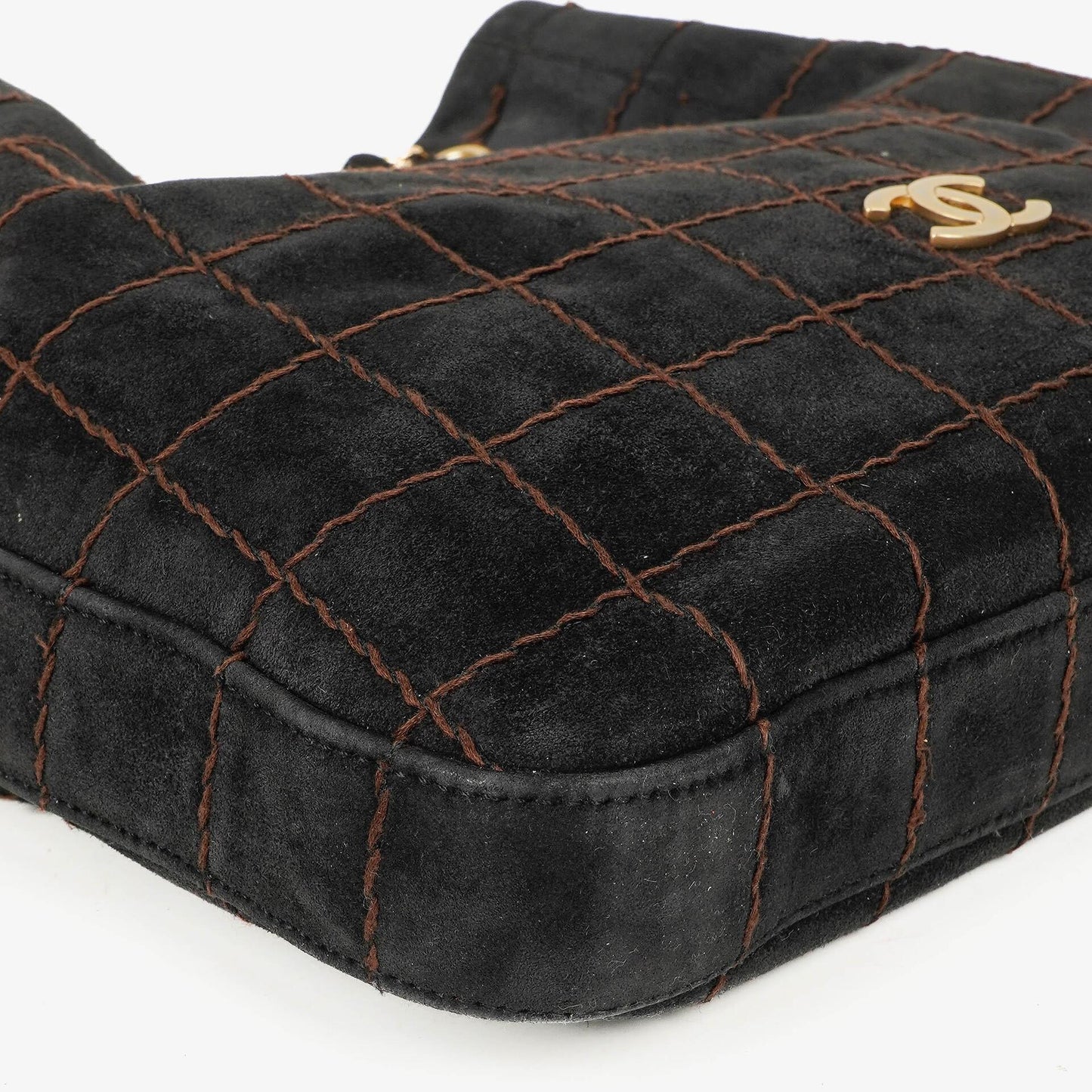 Chanel Black Suede Stitched Chocolate Bar Drawstring Tote Bag