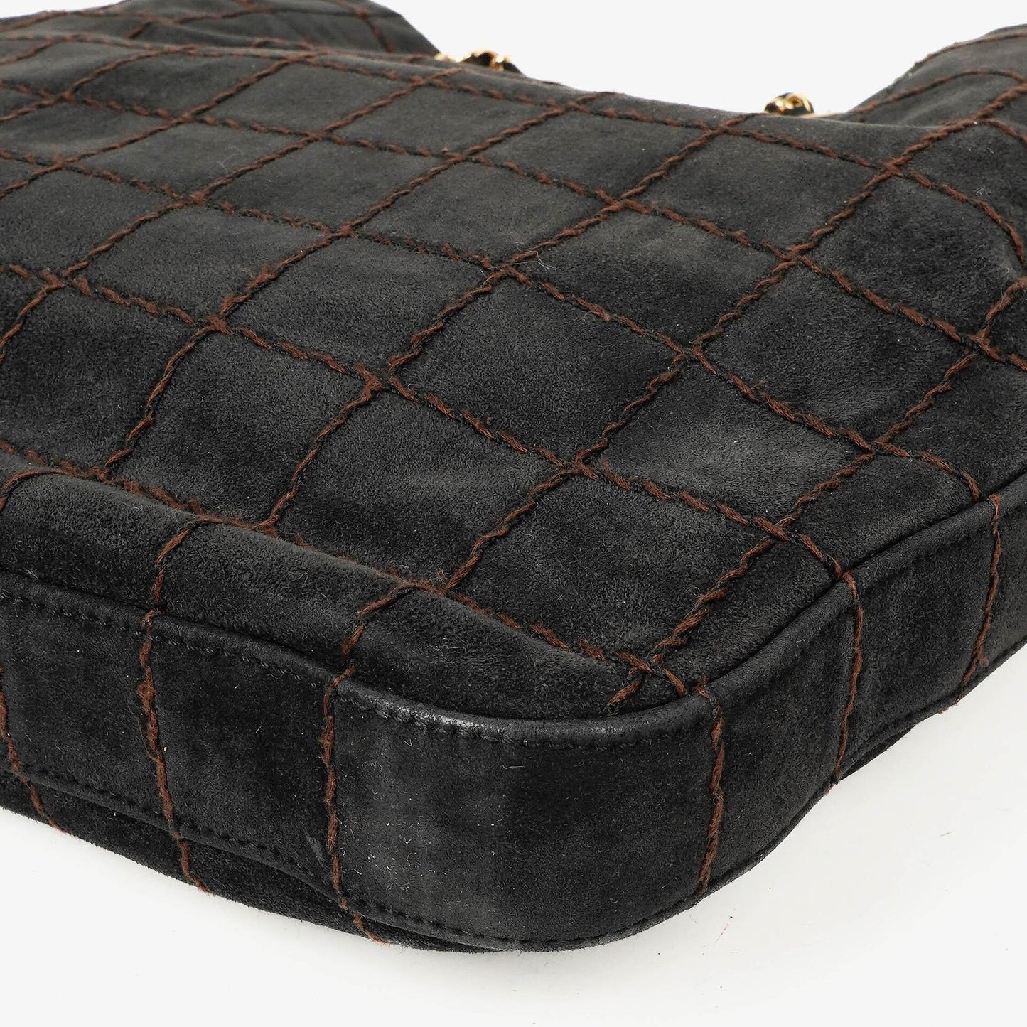 Chanel Black Suede Stitched Chocolate Bar Drawstring Tote Bag