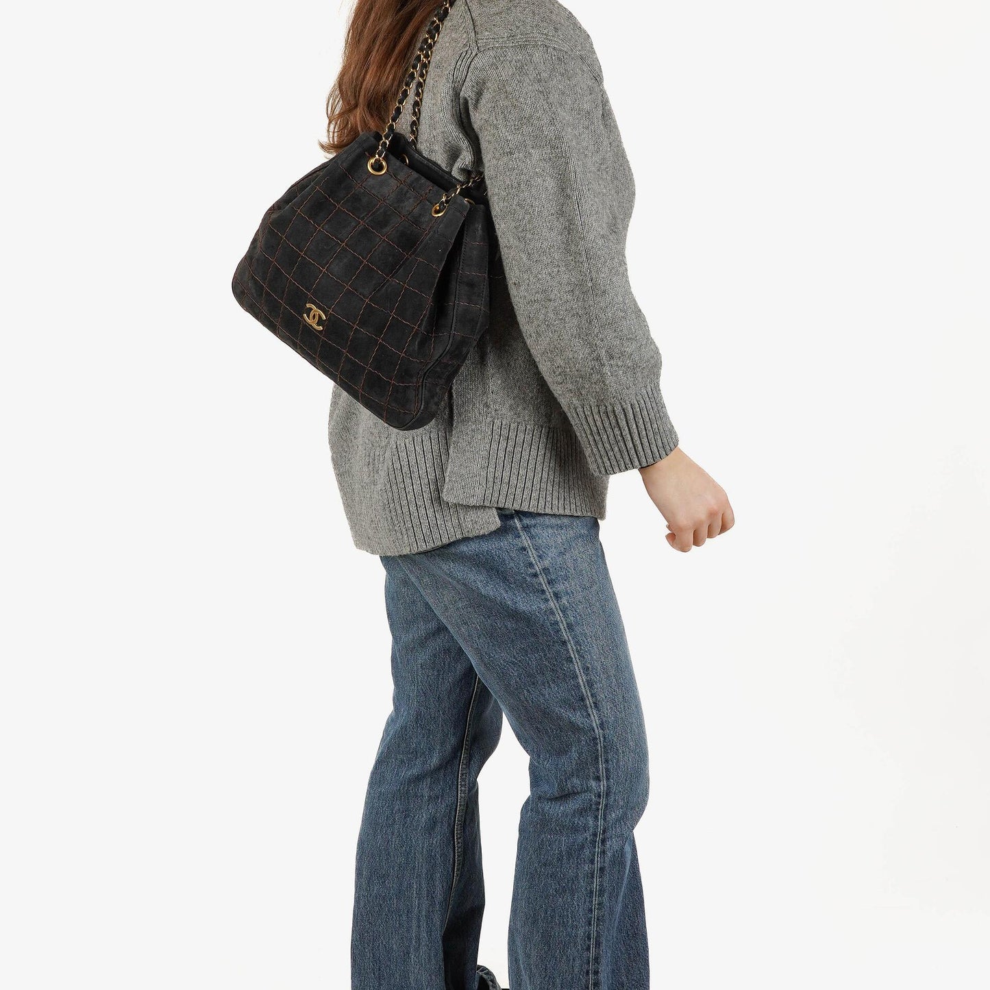 Chanel Black Suede Stitched Chocolate Bar Drawstring Tote Bag