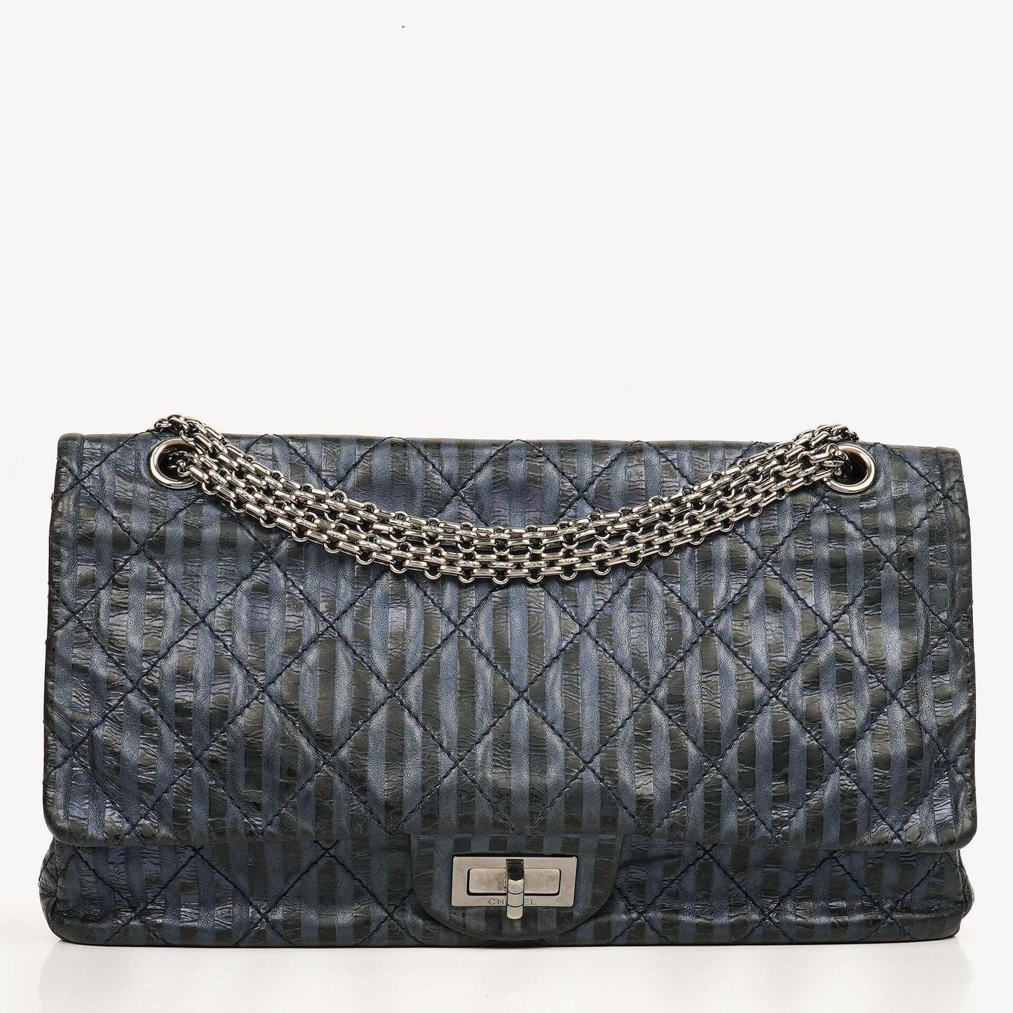 Chanel Blue Metallic Striped 2.55 Reissue Quilted Calfskin Leather 227 Jumbo Flap Bag