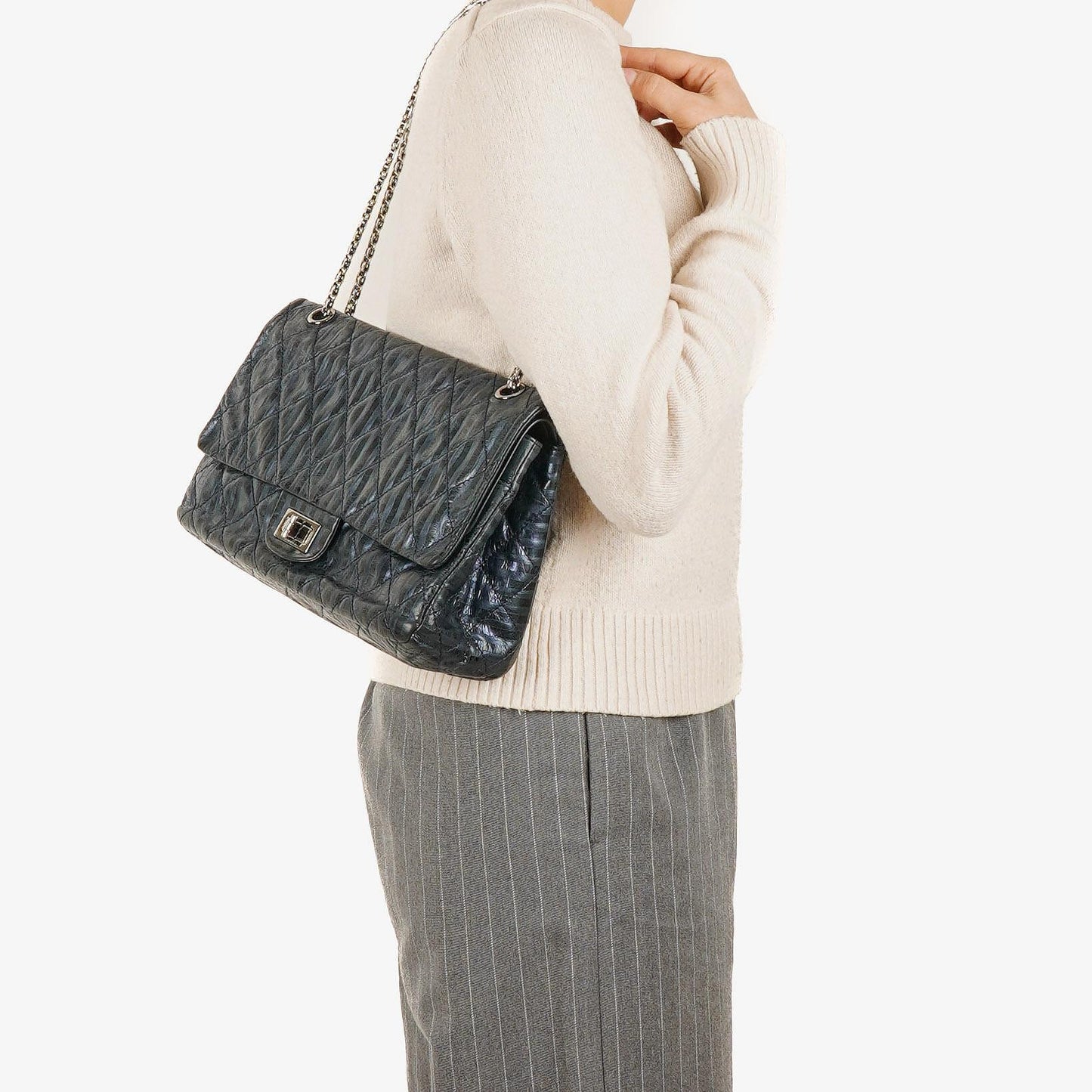 Chanel Blue Metallic Striped 2.55 Reissue Quilted Calfskin Leather 227 Jumbo Flap Bag