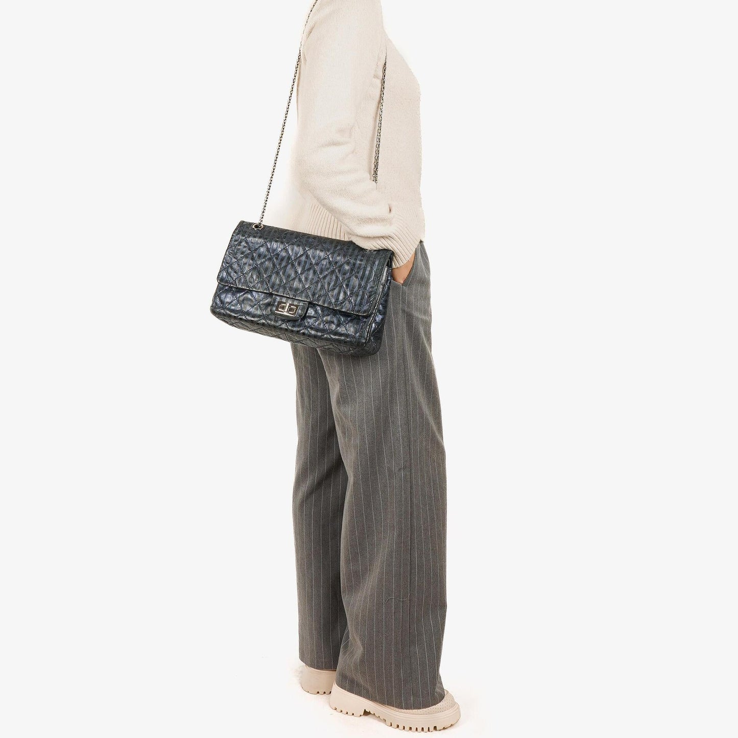 Chanel Blue Metallic Striped 2.55 Reissue Quilted Calfskin Leather 227 Jumbo Flap Bag