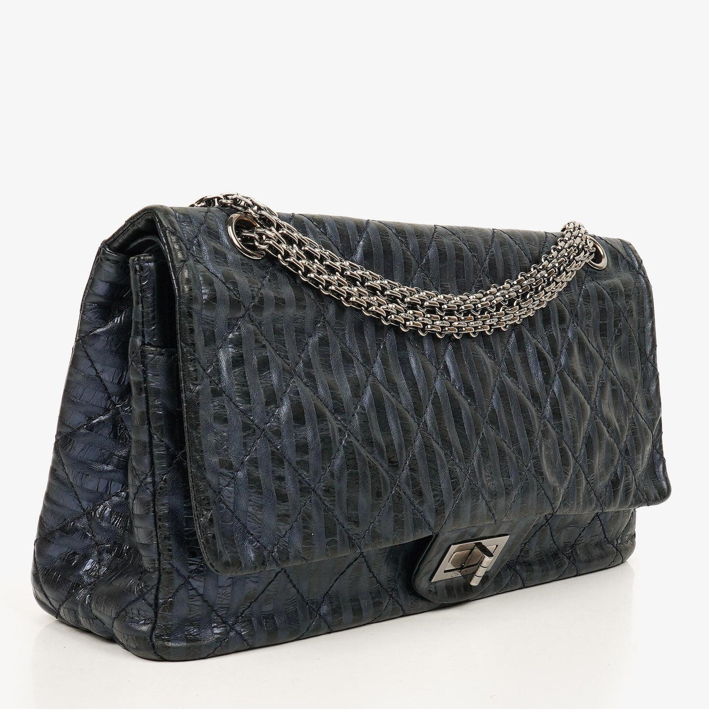 Chanel Blue Metallic Striped 2.55 Reissue Quilted Calfskin Leather 227 Jumbo Flap Bag