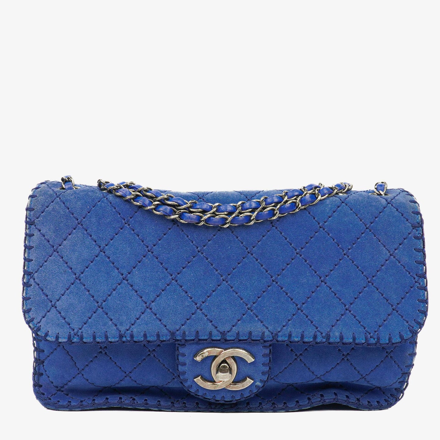 Chanel Blue Quilted Suede Whipstitch Large Flap Bag