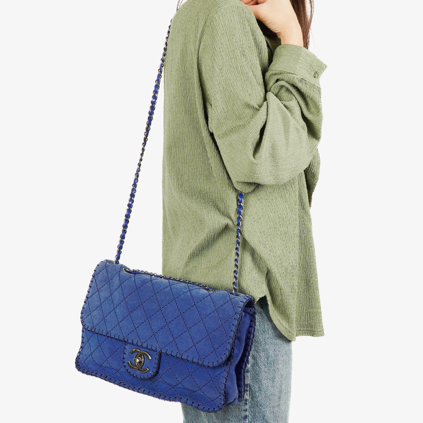 Chanel Blue Quilted Suede Whipstitch Large Flap Bag