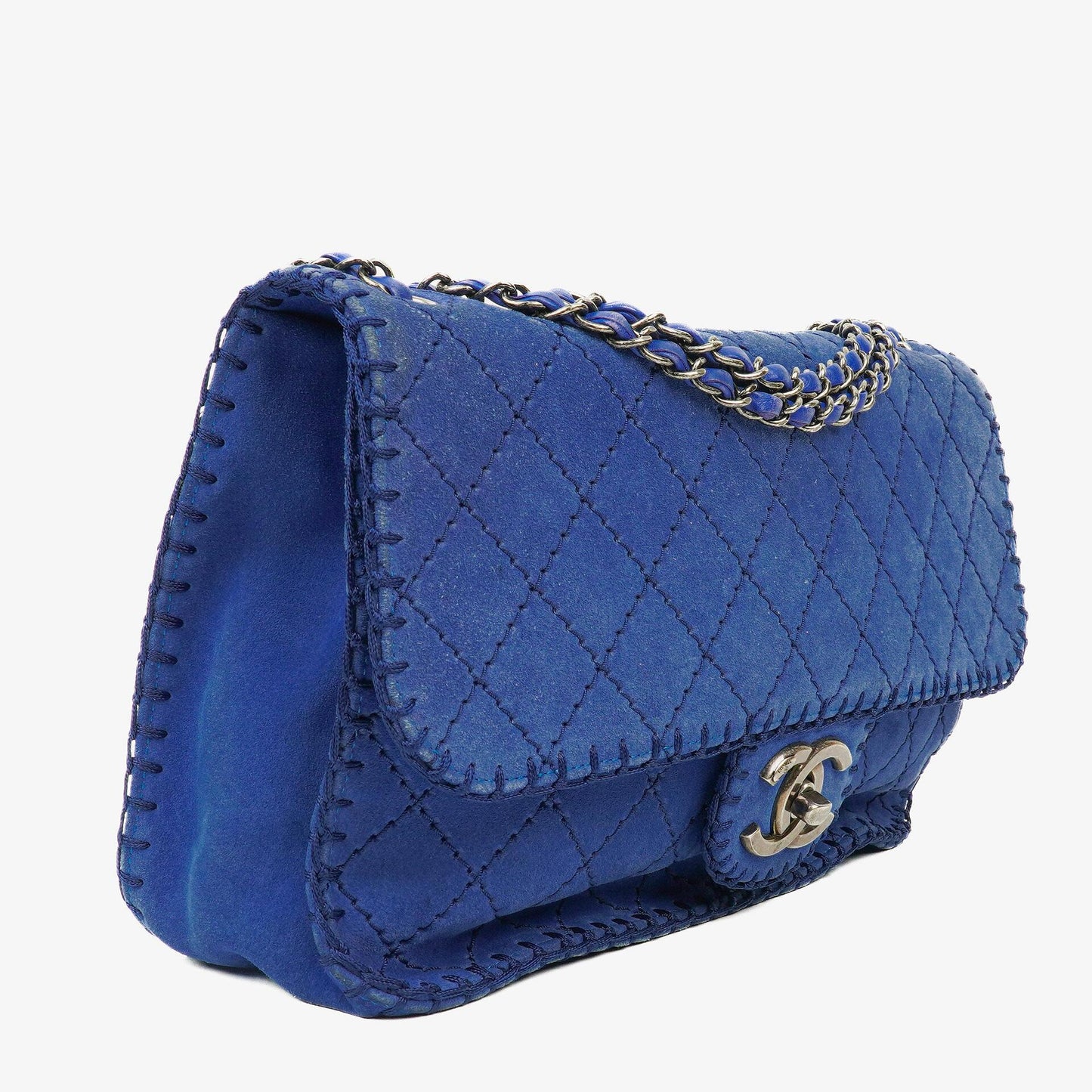 Chanel Blue Quilted Suede Whipstitch Large Flap Bag
