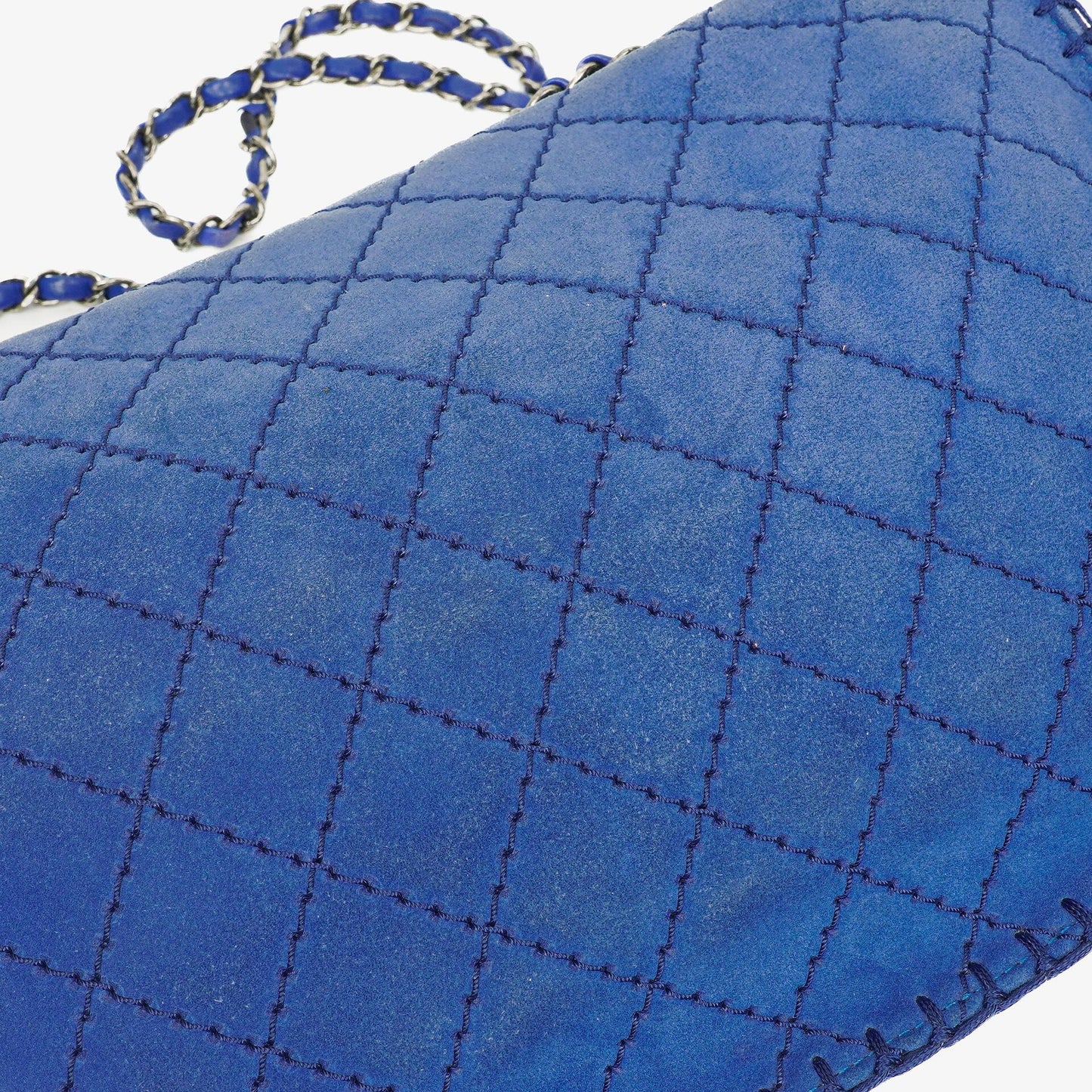 Chanel Blue Quilted Suede Whipstitch Large Flap Bag