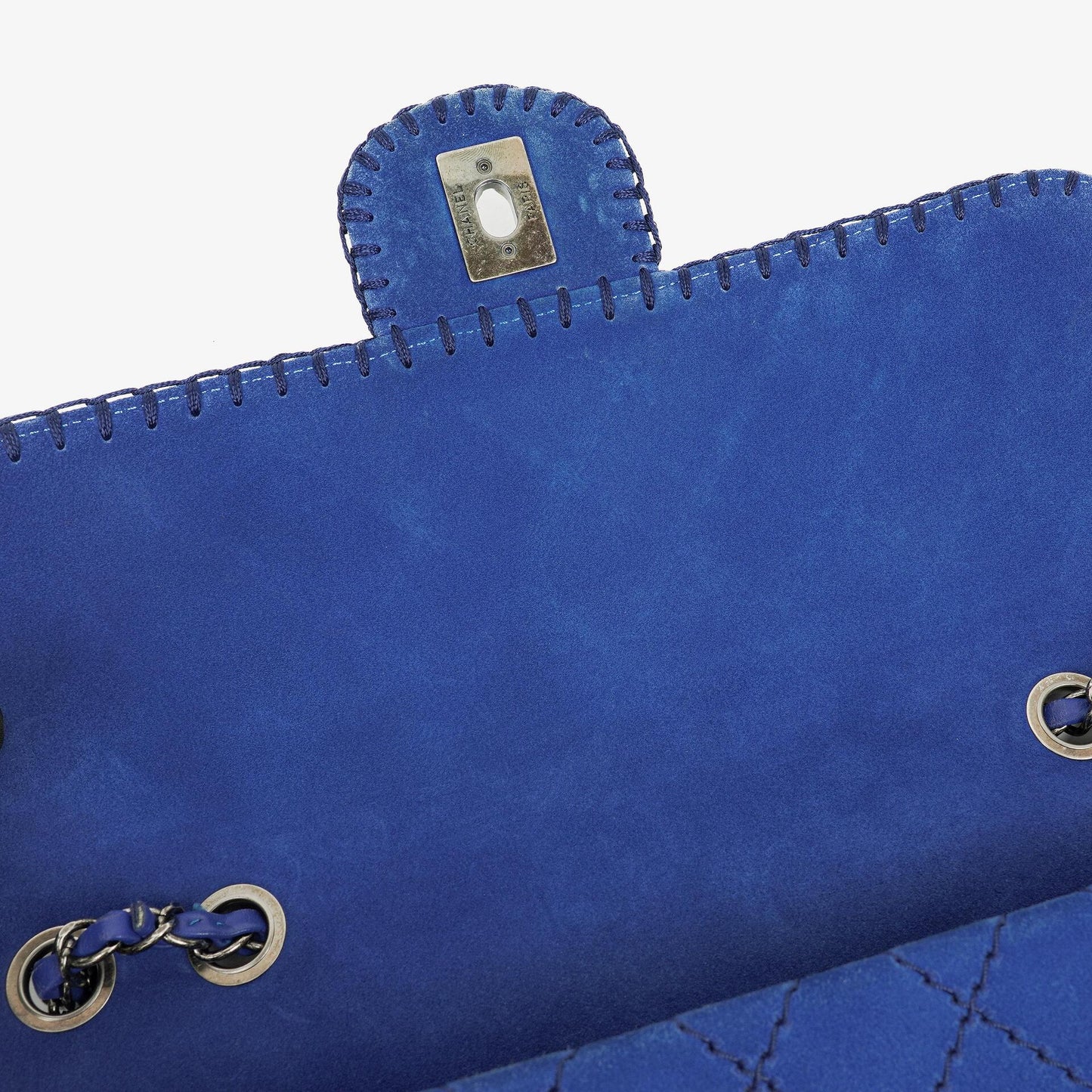 Chanel Blue Quilted Suede Whipstitch Large Flap Bag