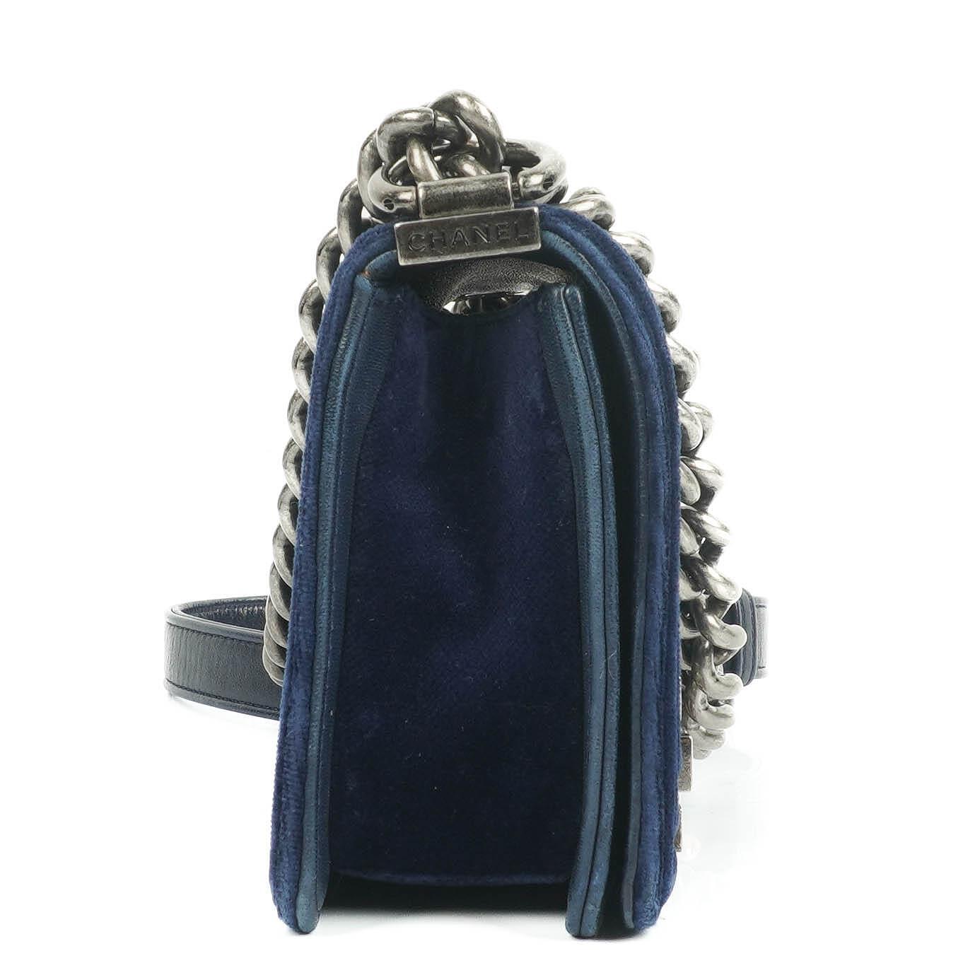 Chanel Small Boy Flap Bag Blue Velvet Ruthenium Hardware