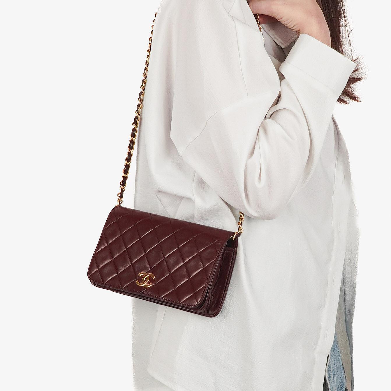 Chanel Bordeaux Mini Classic Quilted Lambskin Full Flap Wallet On Chain WOC With 24K Gold-Plated Hardware