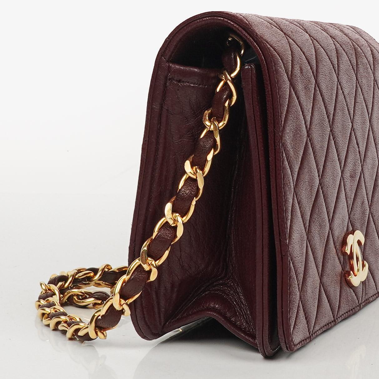 Chanel Bordeaux Mini Classic Quilted Lambskin Full Flap Wallet On Chain WOC With 24K Gold-Plated Hardware