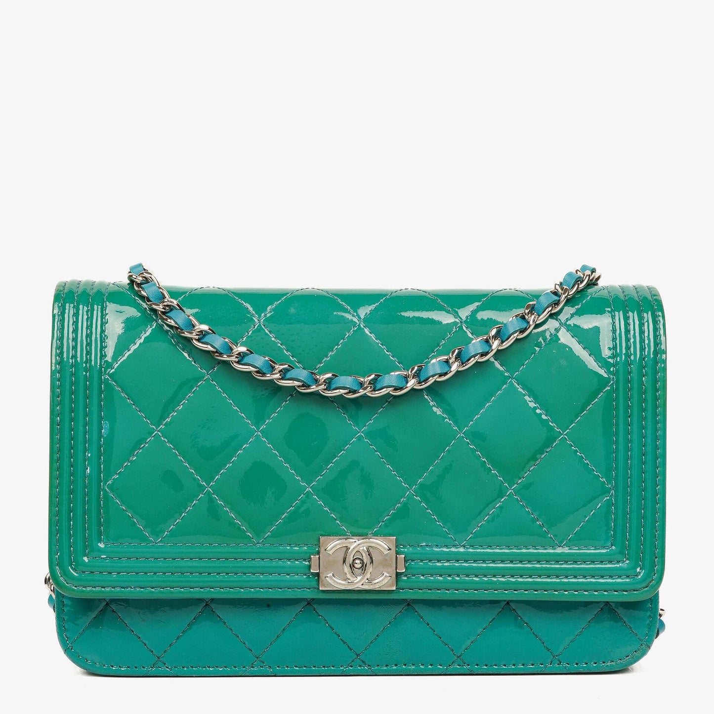 Chanel Boy Wallet On Chain Bag Turquoise Patent Leather Silver-Tone Hardware