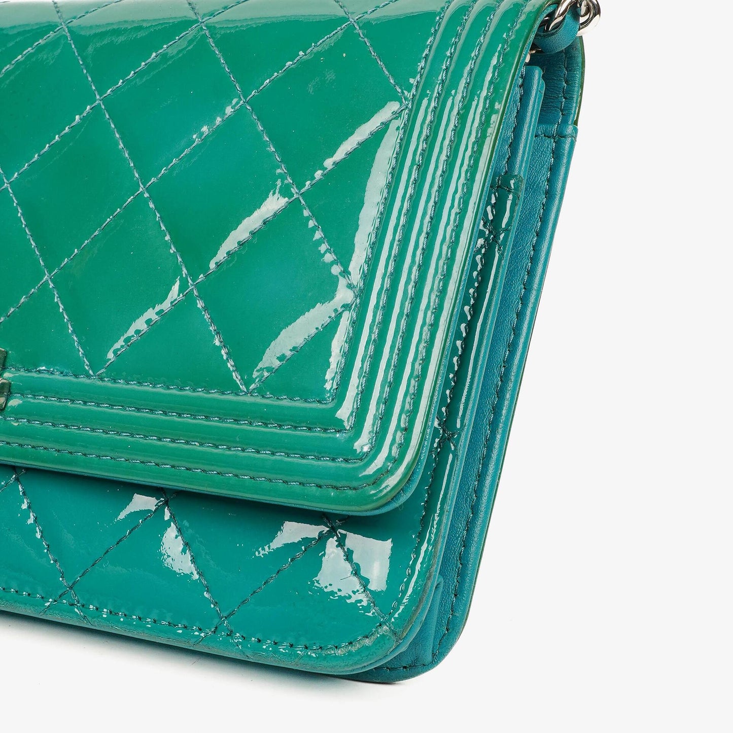 Chanel Boy Wallet On Chain Bag Turquoise Patent Leather Silver-Tone Hardware