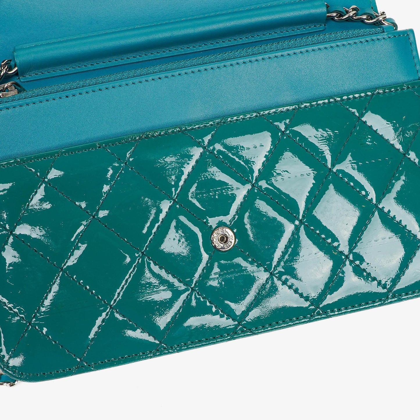 Chanel Boy Wallet On Chain Bag Turquoise Patent Leather Silver-Tone Hardware