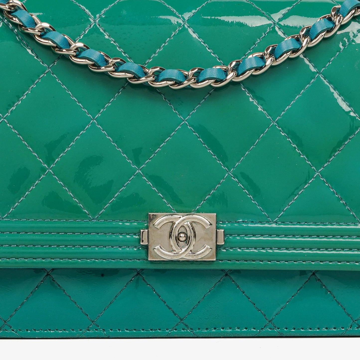 Chanel Boy Wallet On Chain Bag Turquoise Patent Leather Silver-Tone Hardware
