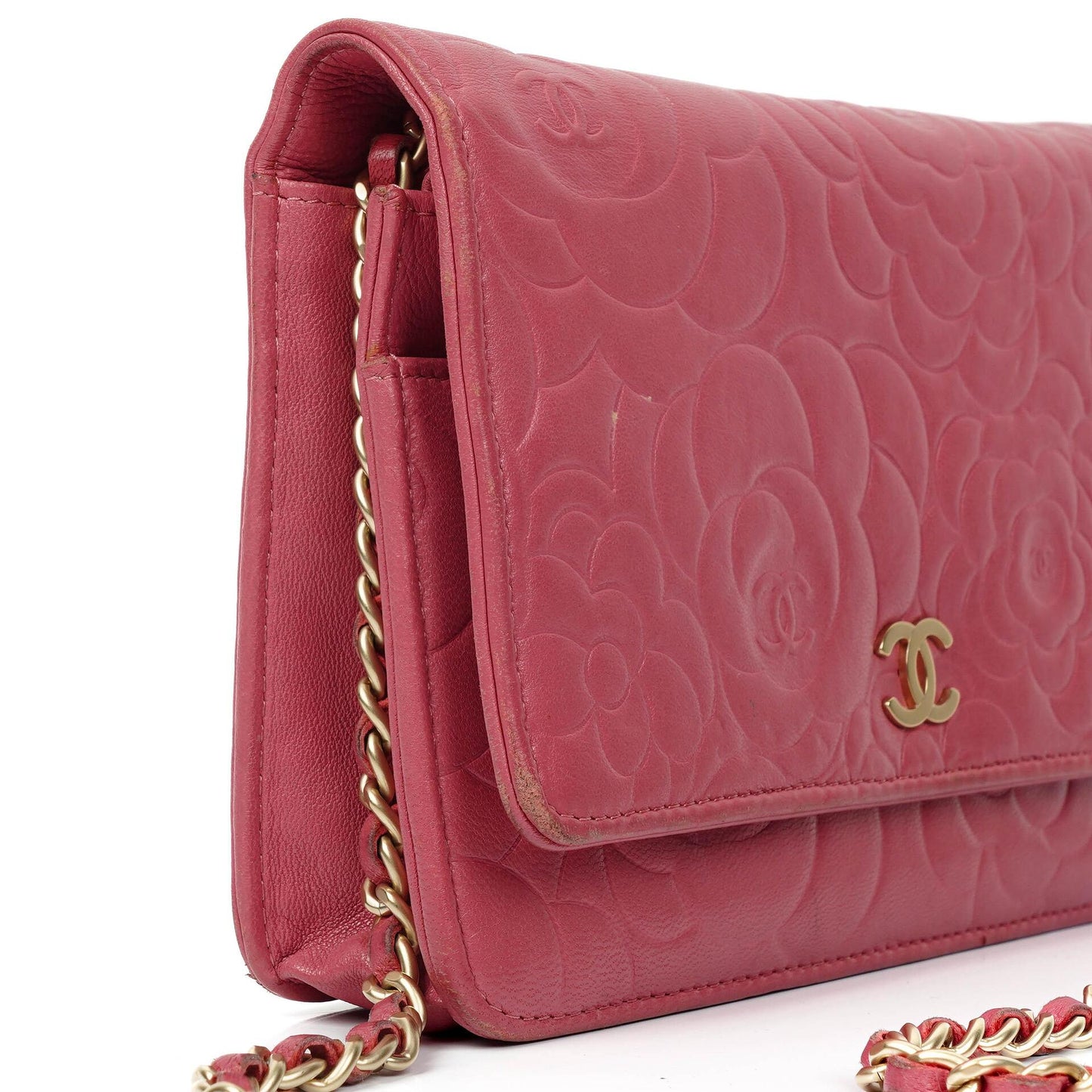 Chanel Camelia Pink Embossed Lambskin Wallet On Chain WOC