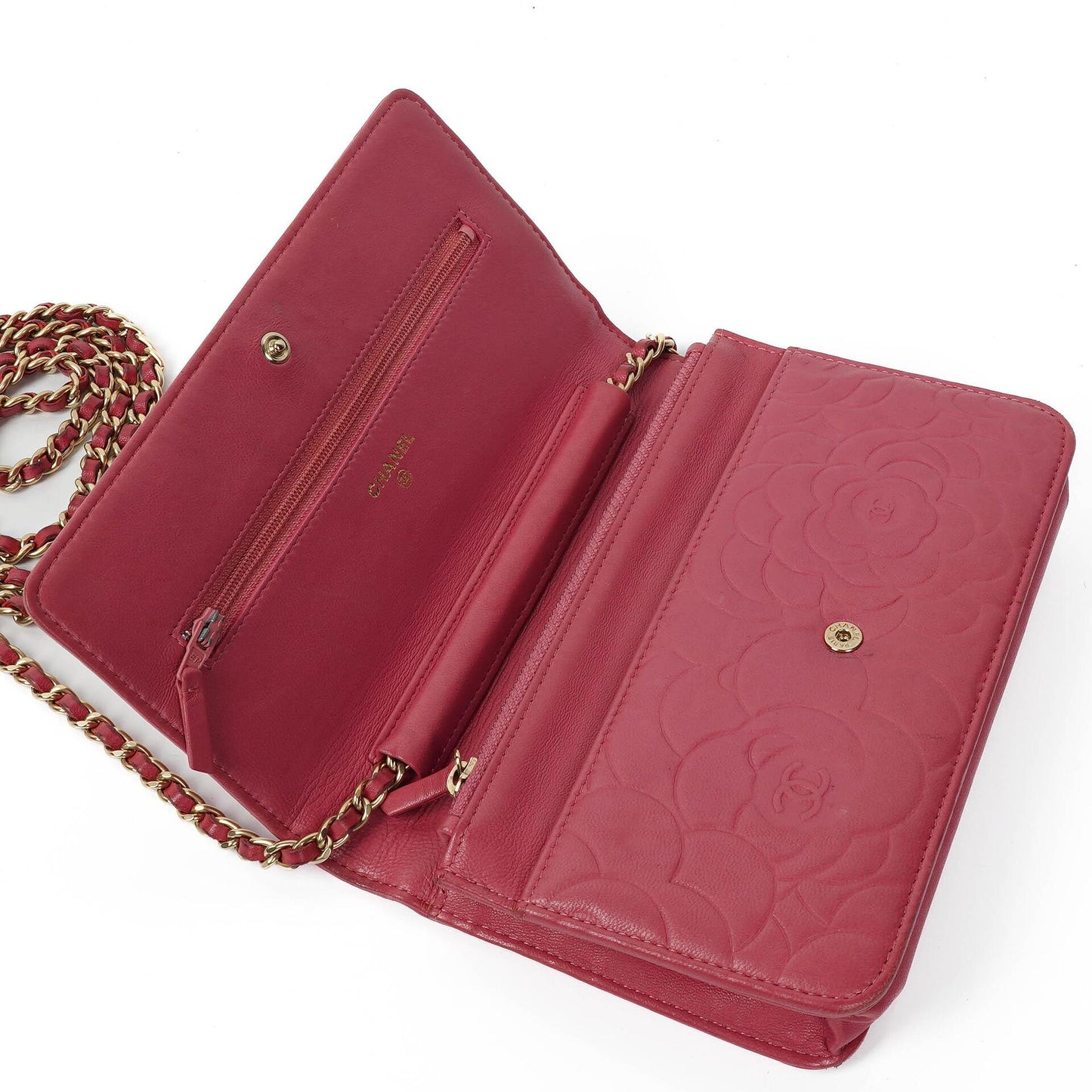 Chanel Camelia Pink Embossed Lambskin Wallet On Chain WOC