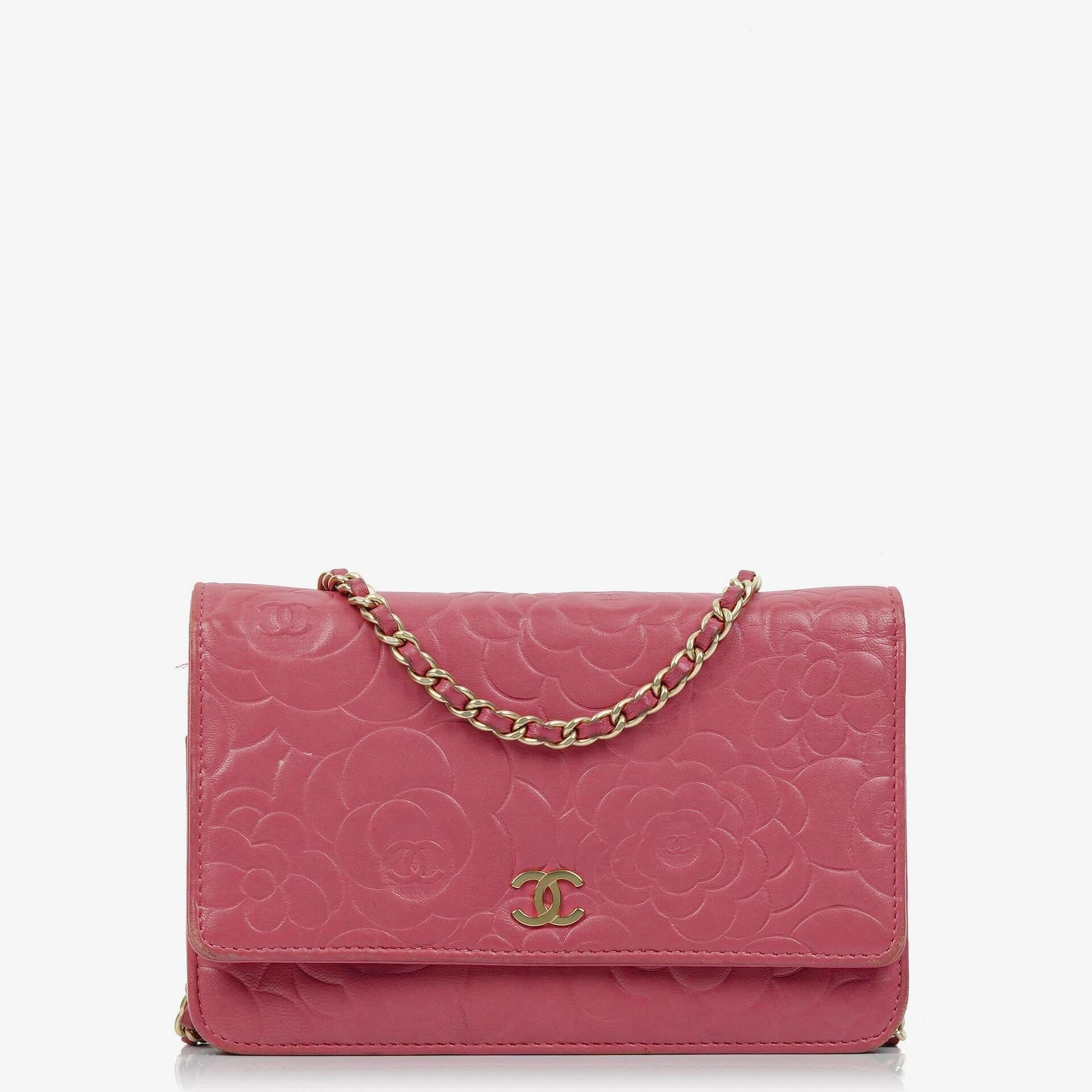 Chanel Camelia Pink Embossed Lambskin Wallet On Chain WOC