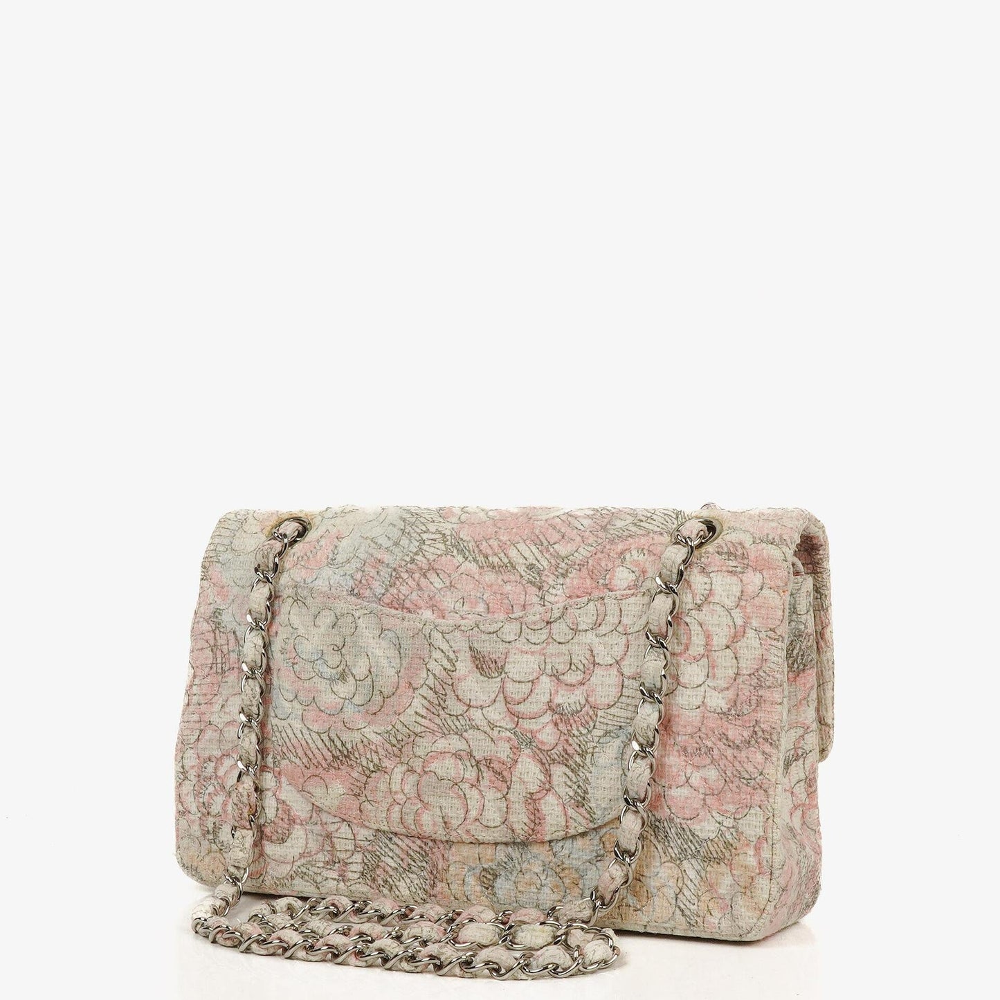 Chanel Camellia Limited Edition Print Tweed Medium Double Flap Bag Silver-Tone Hardware