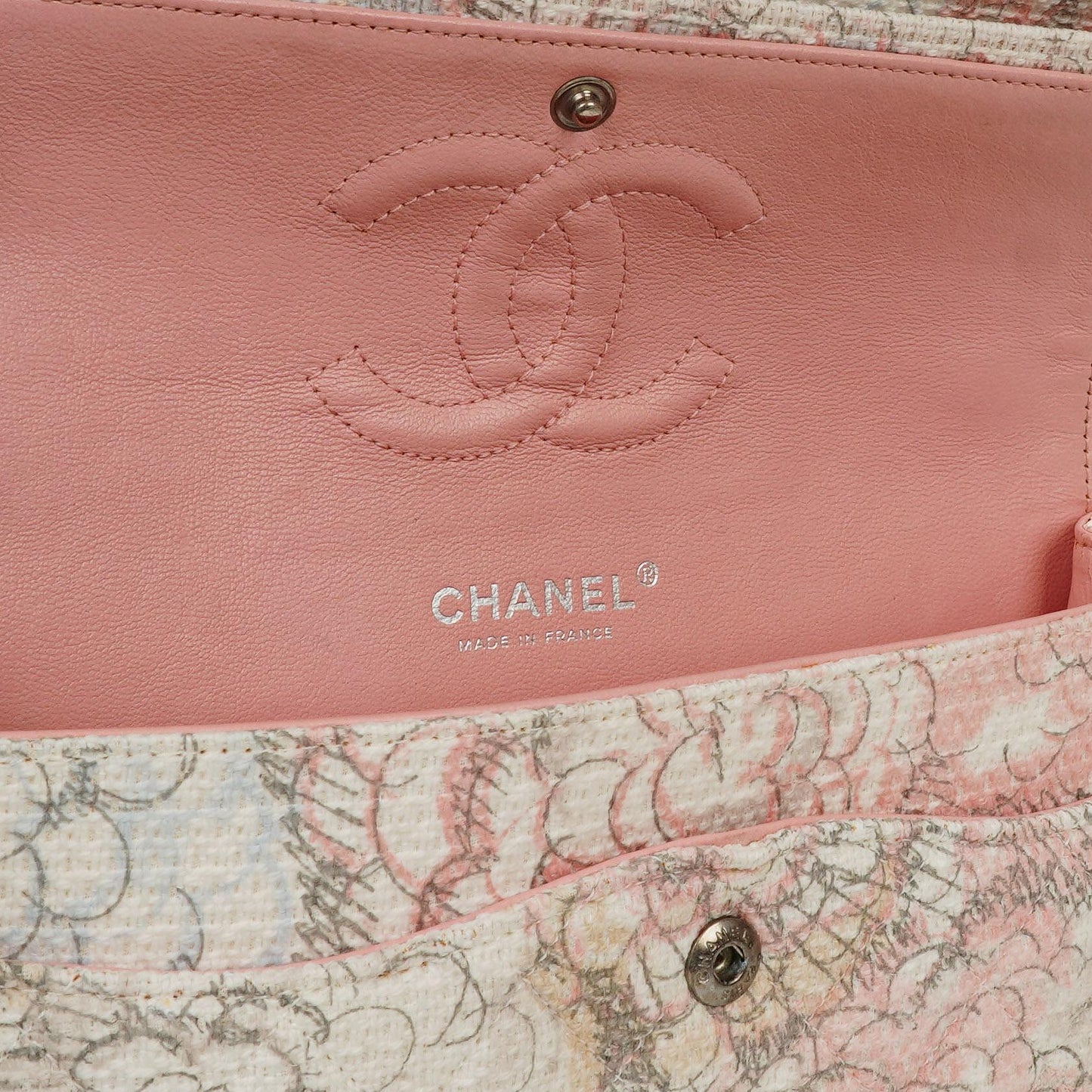 Chanel Camellia Limited Edition Print Tweed Medium Double Flap Bag Silver-Tone Hardware