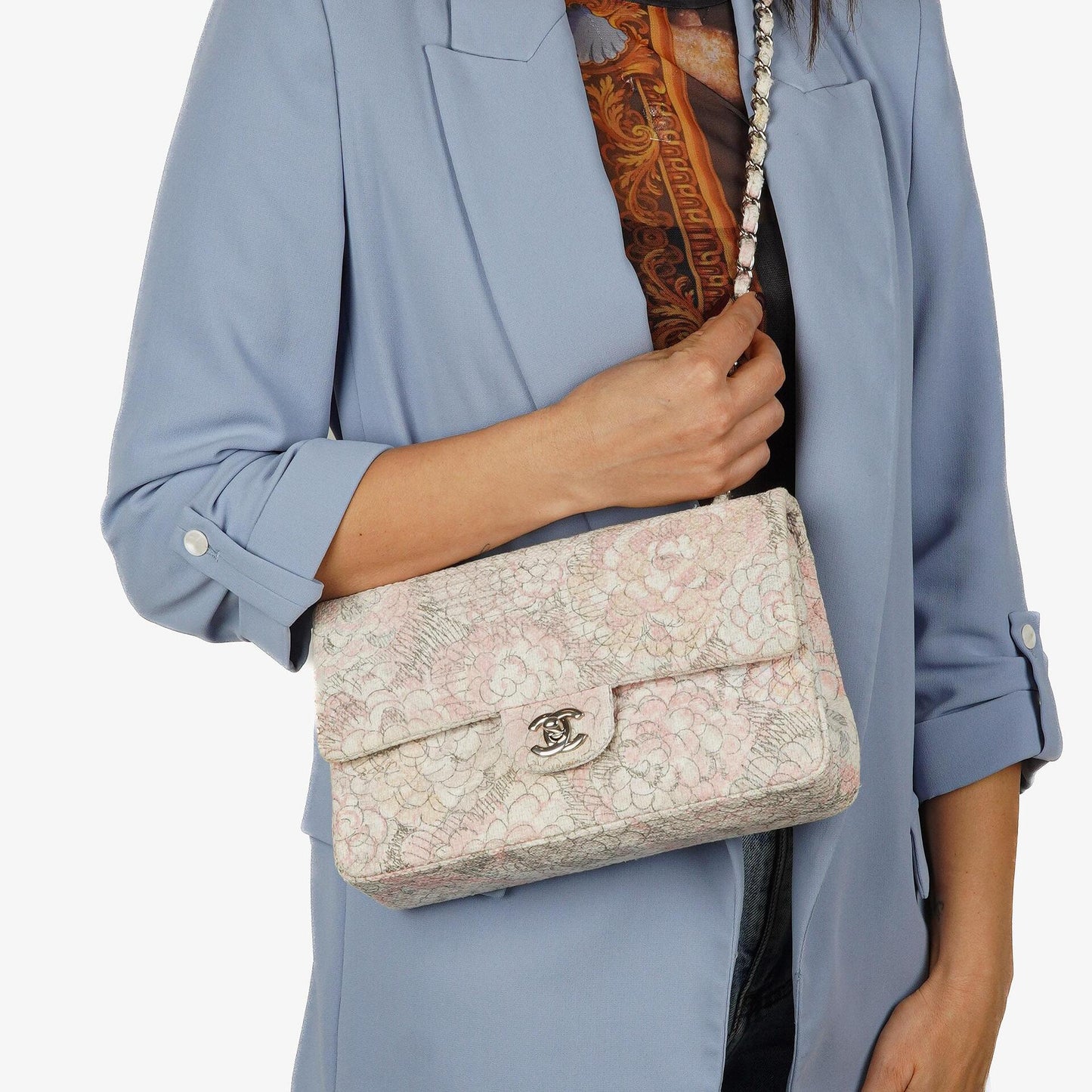 Chanel Camellia Limited Edition Print Tweed Medium Double Flap Bag Silver-Tone Hardware