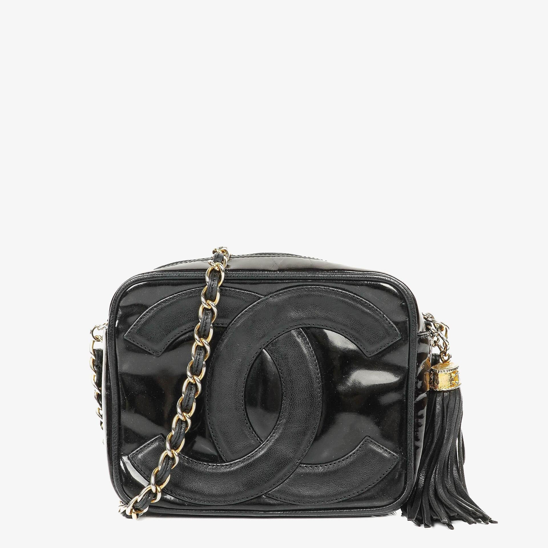 Chanel Camera CC Small Black Patent Leather Tassel Shoulder Bag