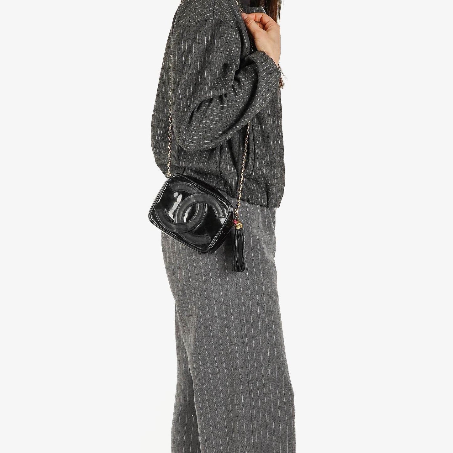 Chanel Camera CC Small Black Patent Leather Tassel Shoulder Bag