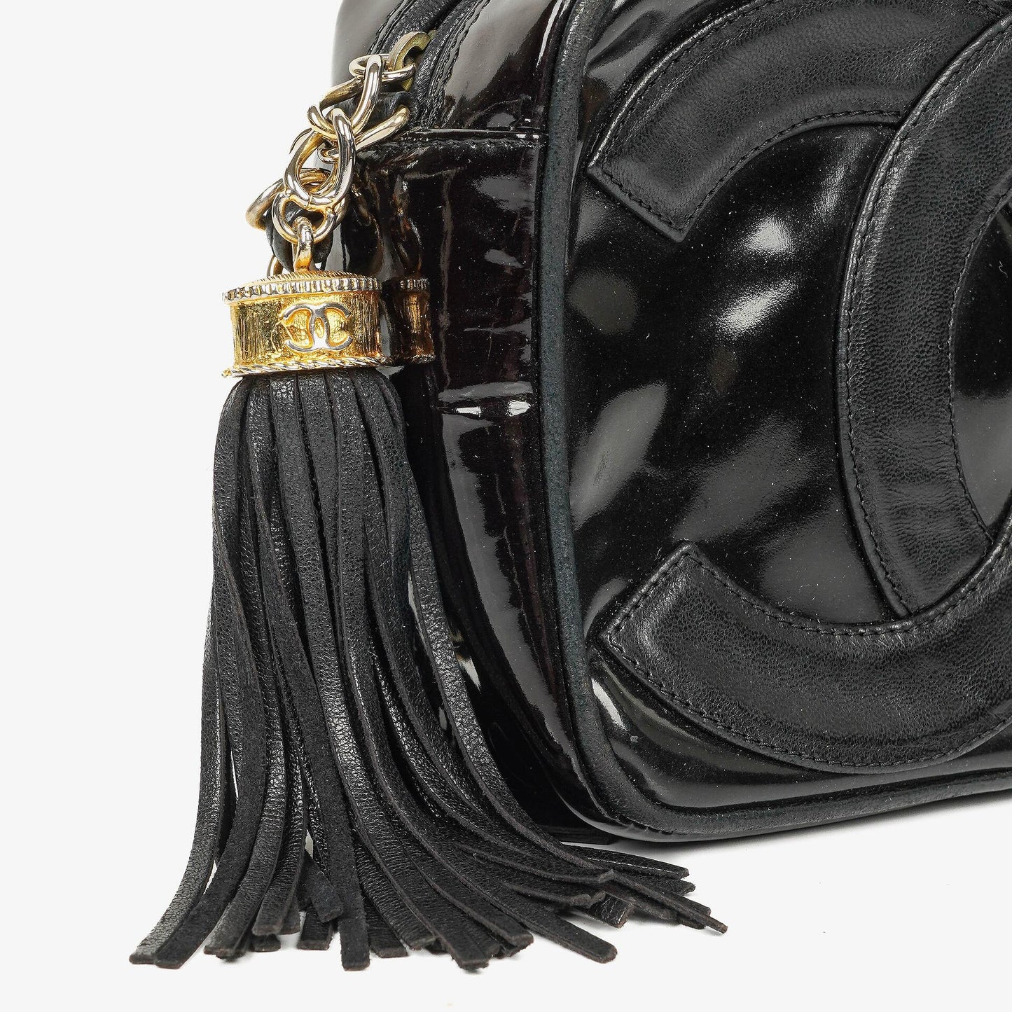 Chanel Camera CC Small Black Patent Leather Tassel Shoulder Bag