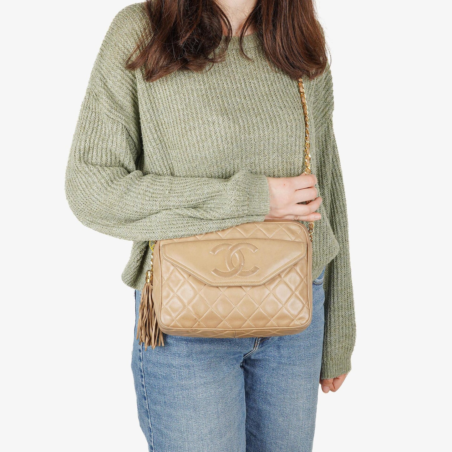 Chanel Camera Tassel CC Beige Quilted Lambskin Bag