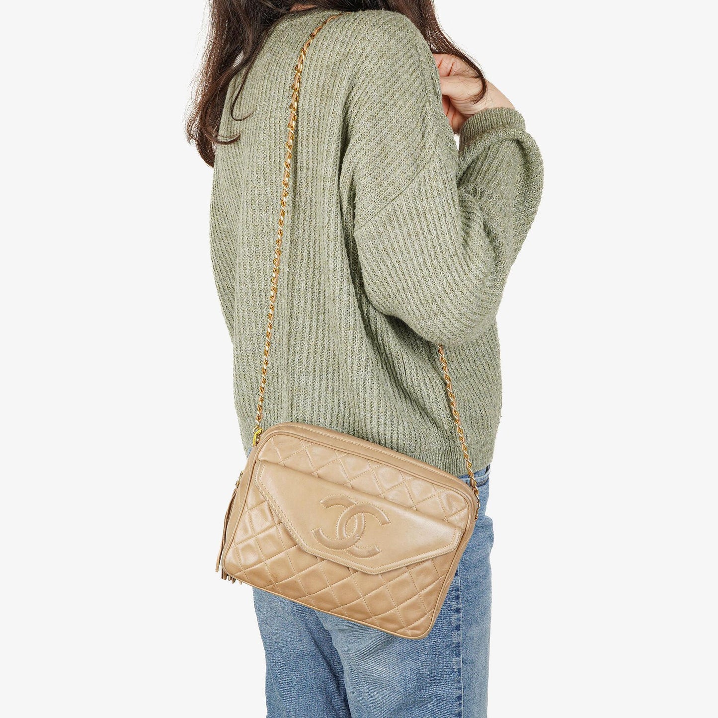Chanel Camera Tassel CC Beige Quilted Lambskin Bag