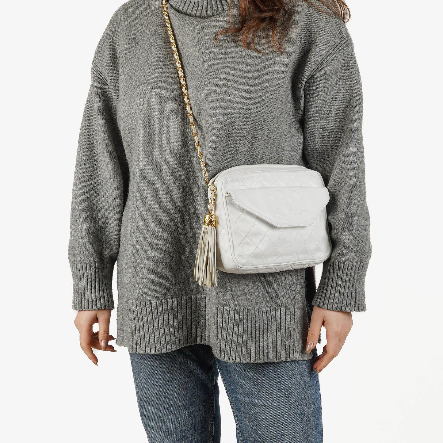 Chanel Camera Tassel CC White Quilted Lambskin Bag